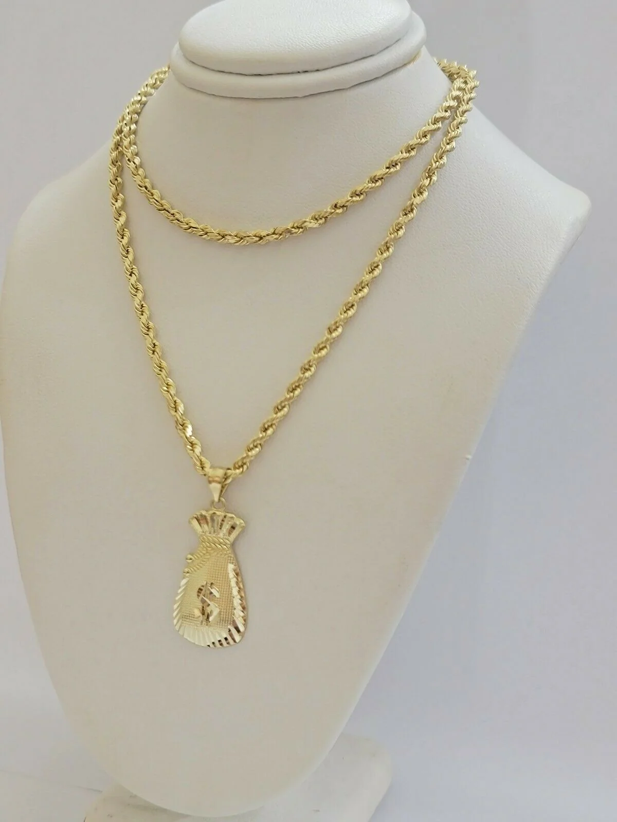 REAL 10k Gold Rope Chain Charm Pendant SET 3mm Necklace 18-28" Money Dollar Bag - Image 3