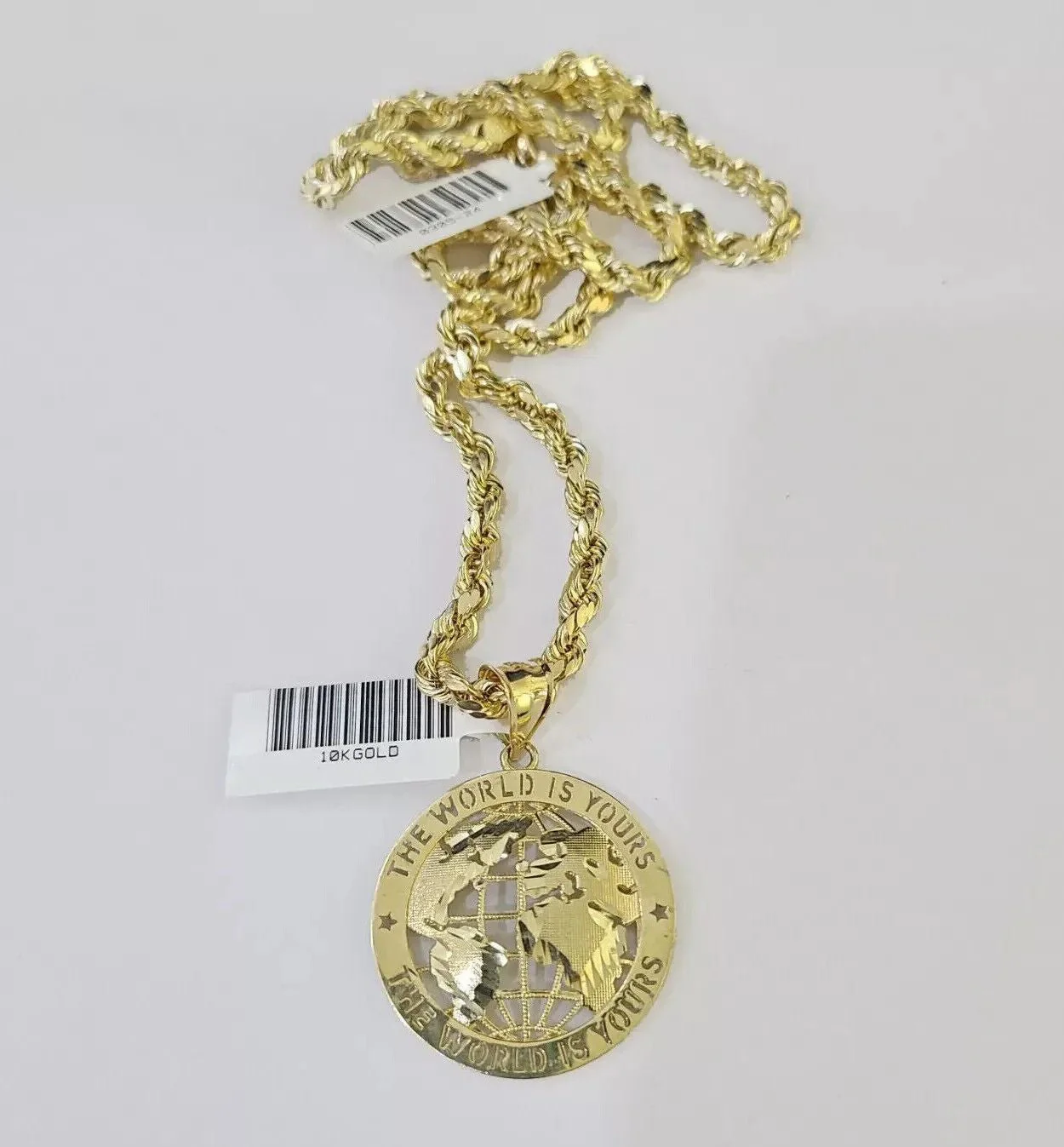 Real 10k Gold Rope Chain Charm World Map Pendant SET 4mm 18-28 inch Necklace - Image 2
