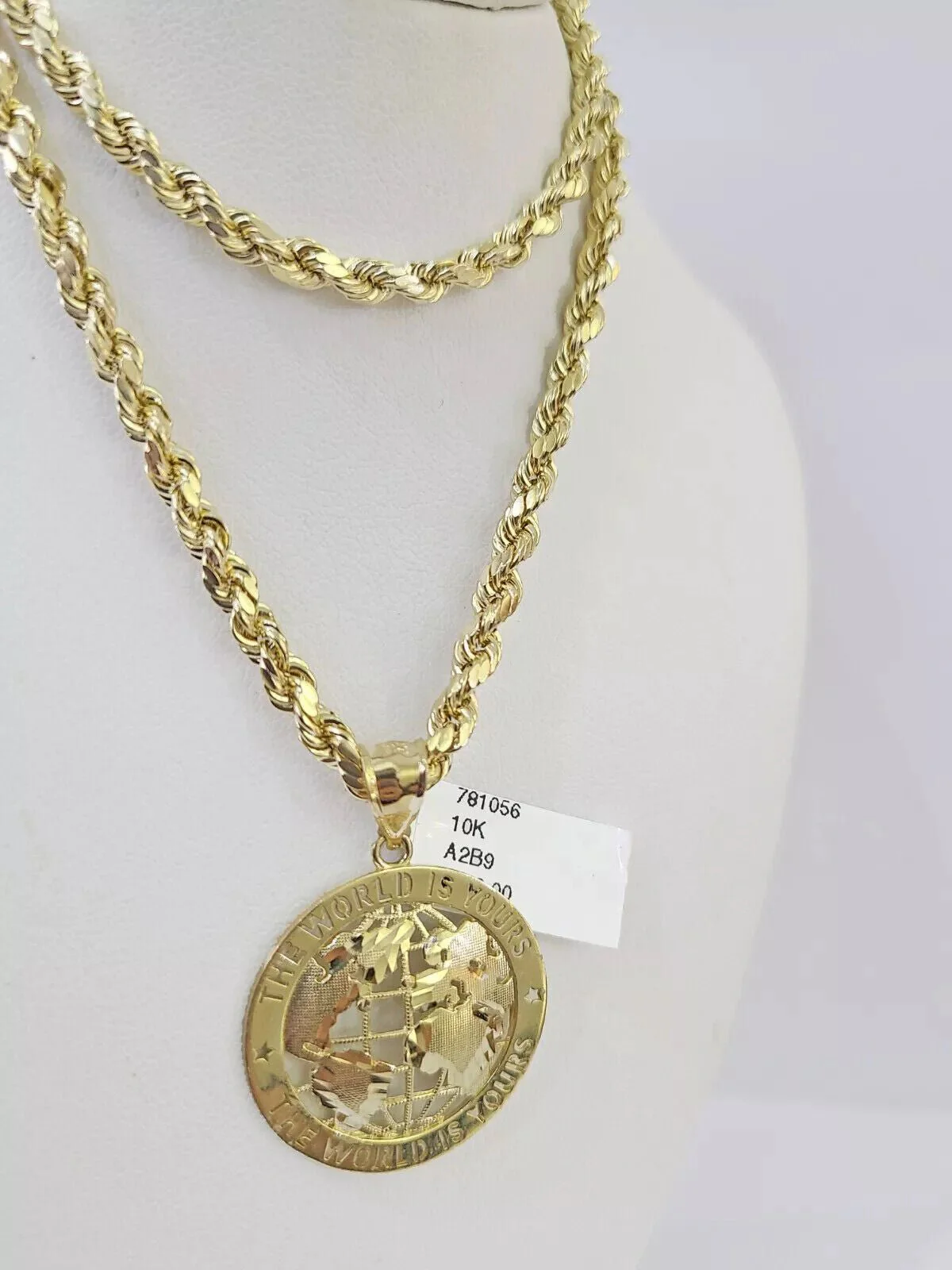 Real 10k Gold Rope Chain Charm World Map Pendant SET 4mm 18-28 inch Necklace - Image 3