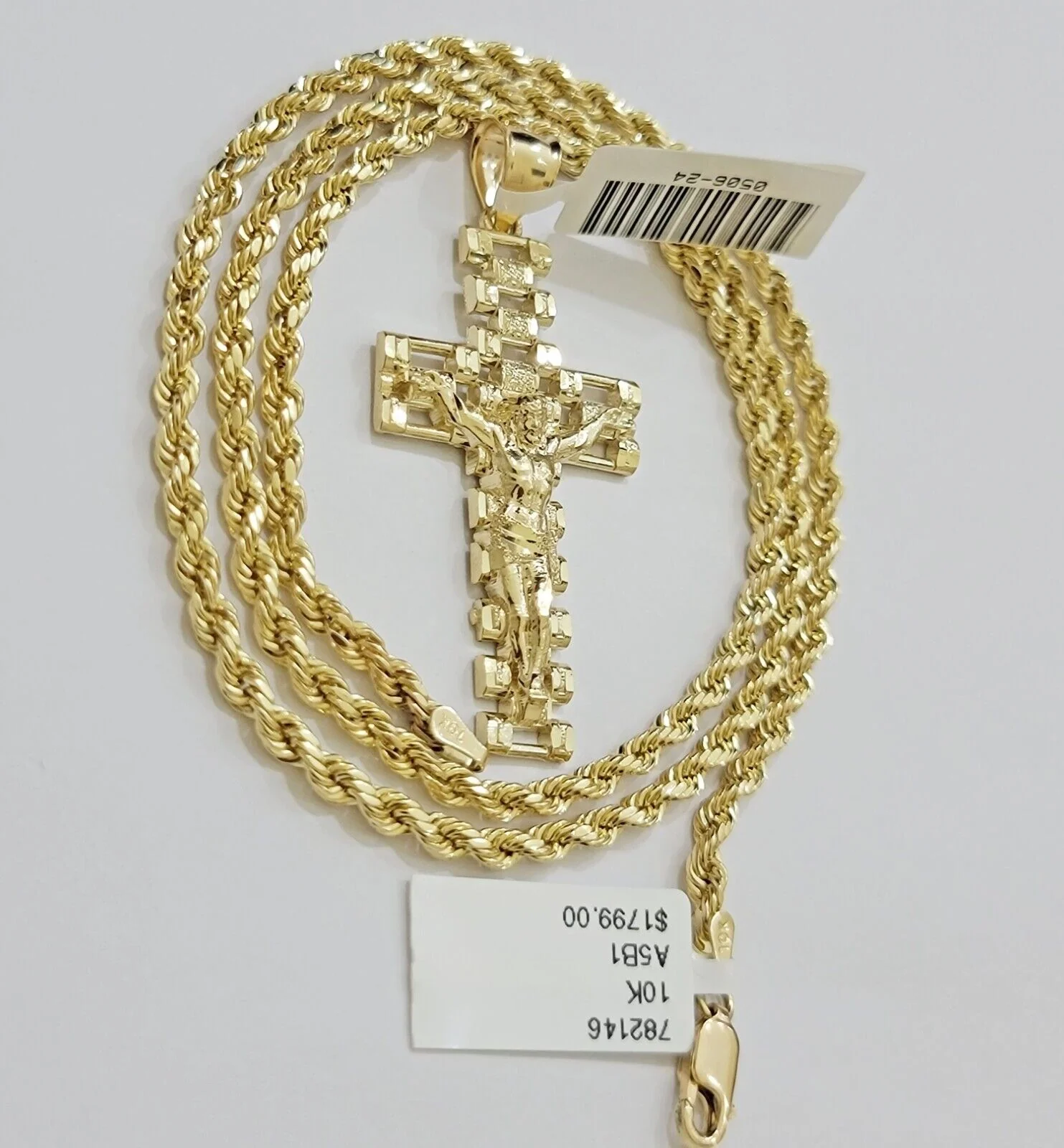Real 10k Gold Rope Chain Cross Charm Pendant SET 3mm 20" Necklace Jesus Crucifix - Image 3