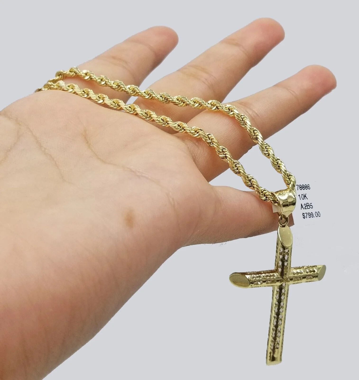Real 10k Gold Rope Chain Cross Pendant, 3mm Necklace 20" inch With Charm, 10kt - Image 6