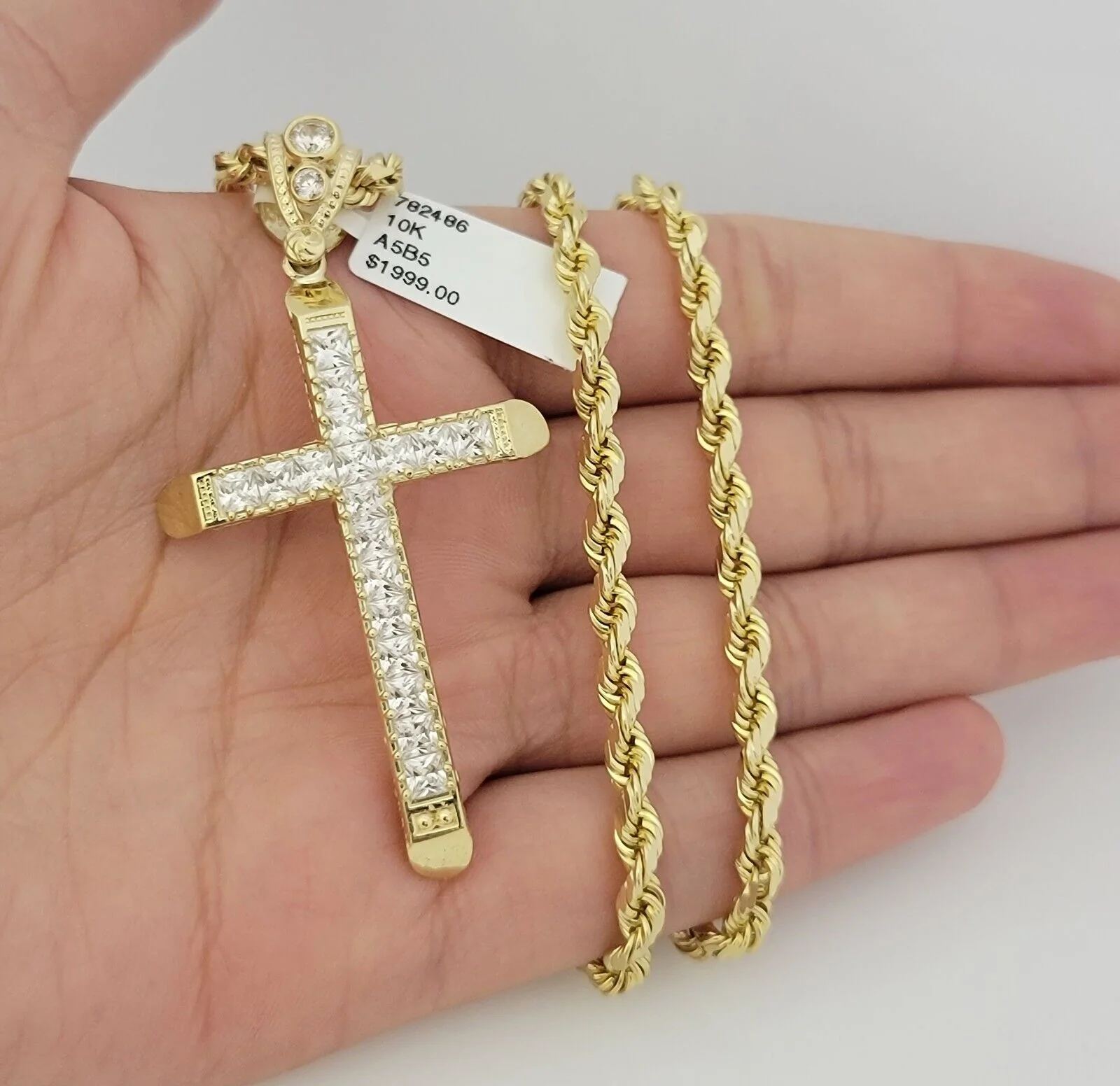 Real 10k Gold Rope Chain Cross SET Stone Charm Pendant Solid Necklace 4mm 24Inch - Image 2