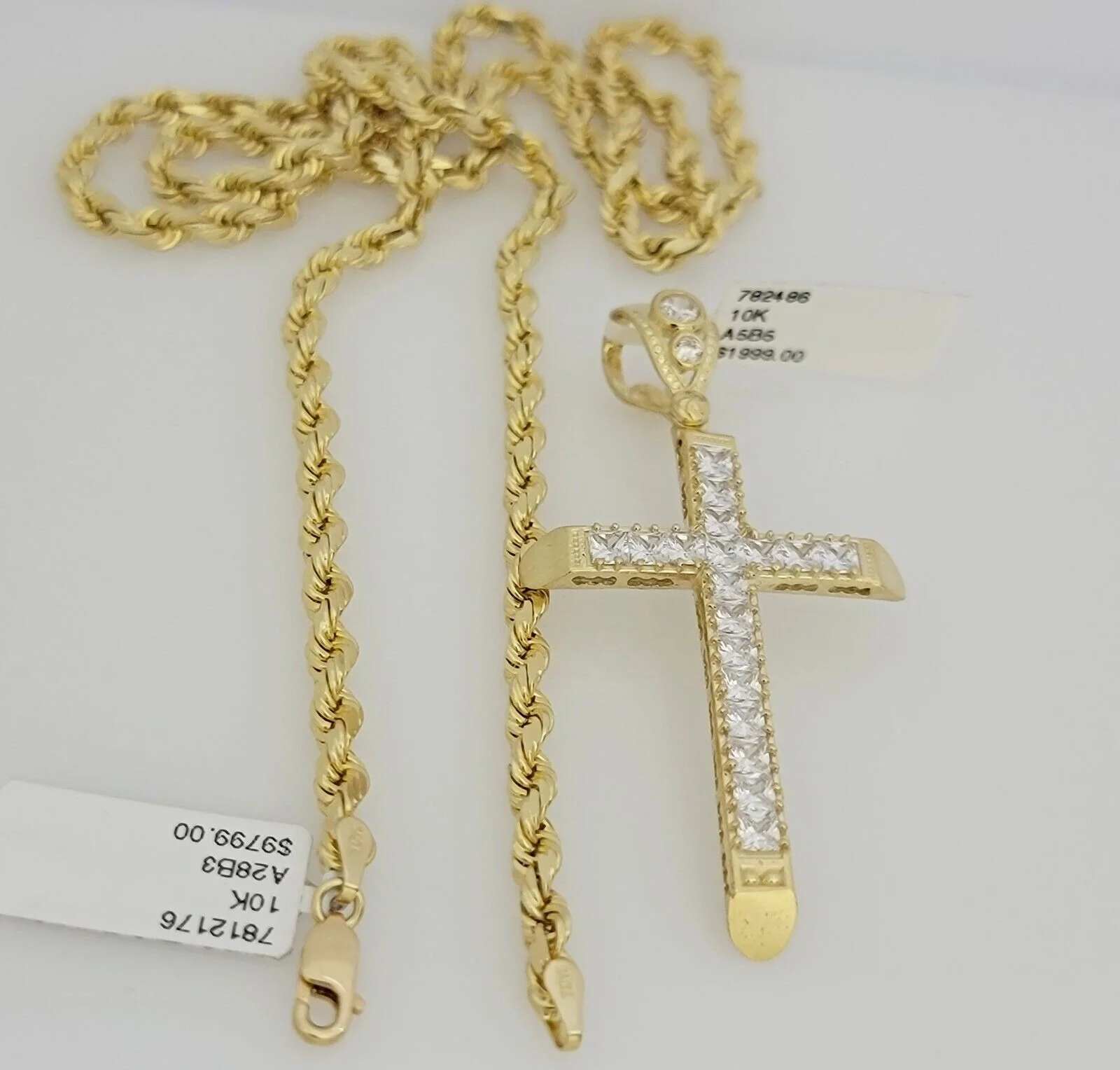 Real 10k Gold Rope Chain Cross SET Stone Charm Pendant Solid Necklace 4mm 24Inch - Image 3
