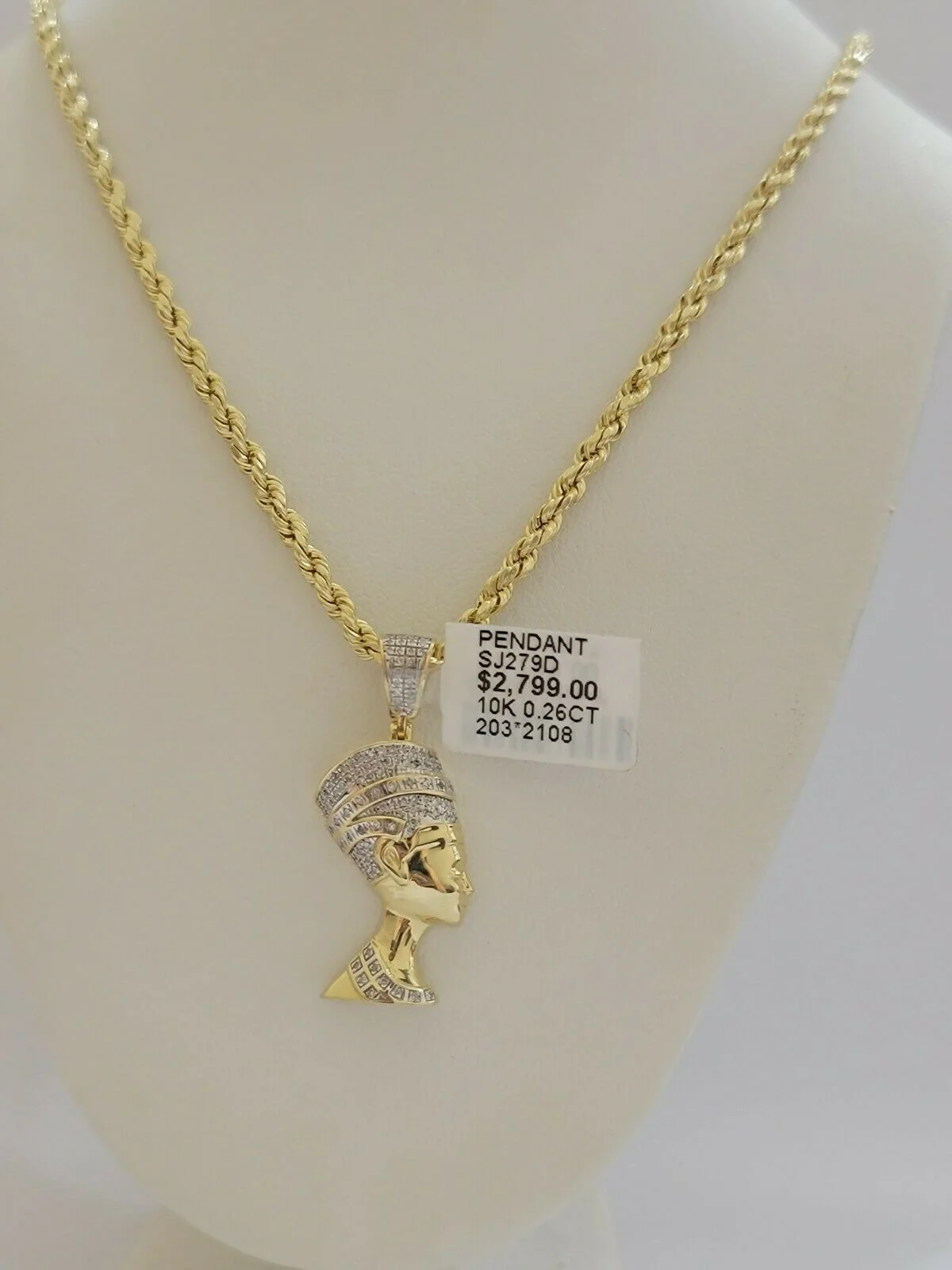 REAL 10k Gold Rope Chain Diamond Pendant Pharaoh Head SET 3mm Necklace 18" - 28" - Image 3