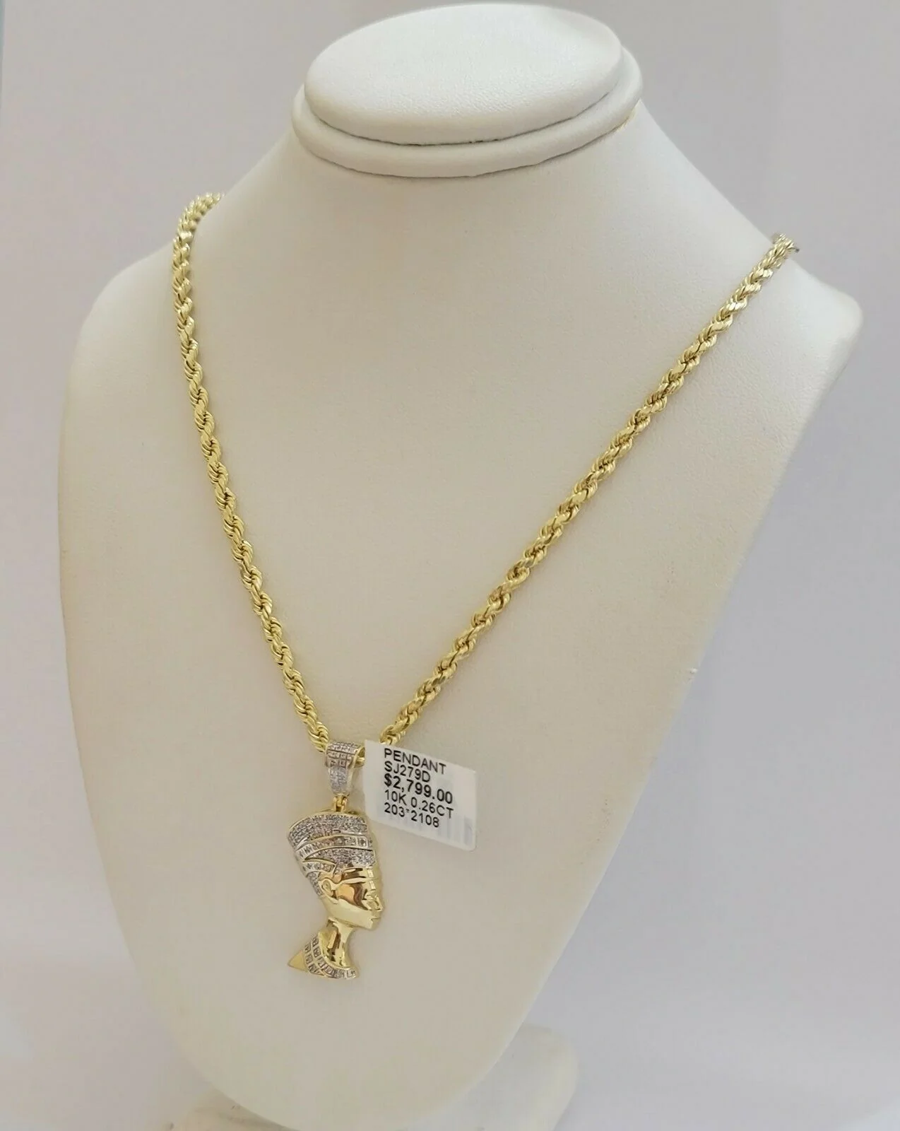 REAL 10k Gold Rope Chain Diamond Pendant Pharaoh Head SET 3mm Necklace 18" - 28" - Image 5