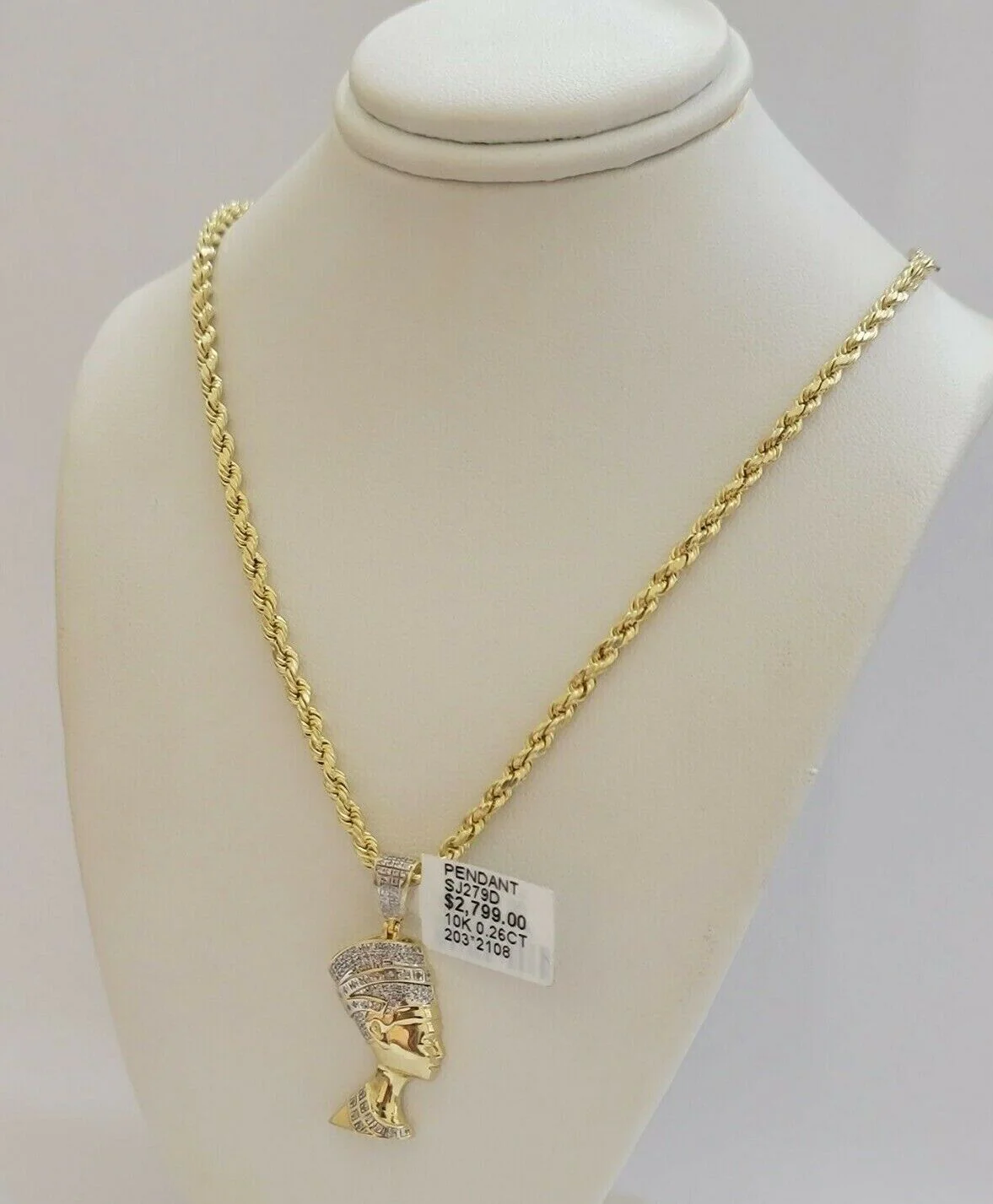 REAL 10k Gold Rope Chain Diamond Pendant Pharaoh Head SET 3mm Necklace 18" - 28" - Image 10