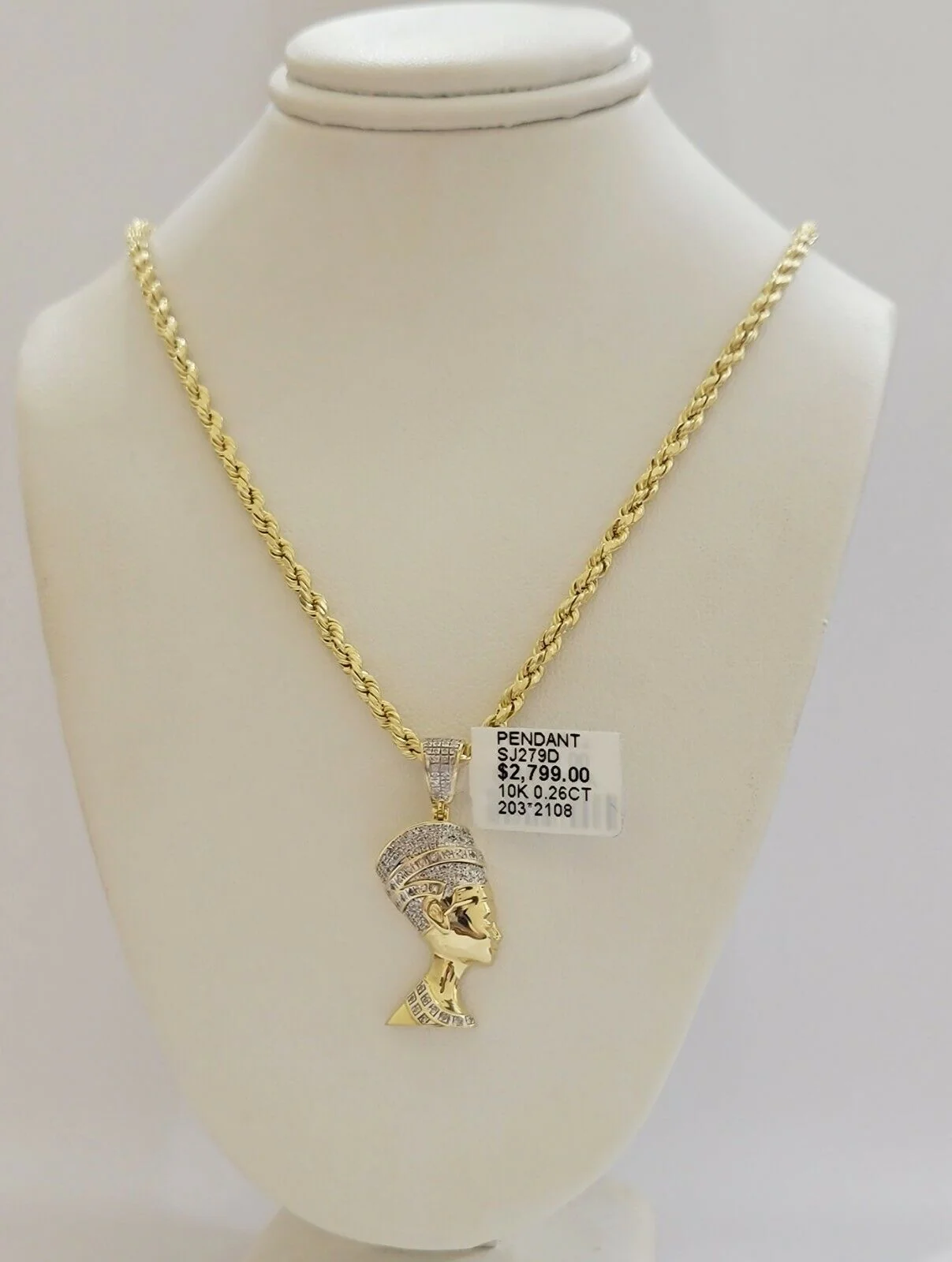 REAL 10k Gold Rope Chain Diamond Pendant Pharaoh Head SET 3mm Necklace 18" - 28" - Image 4