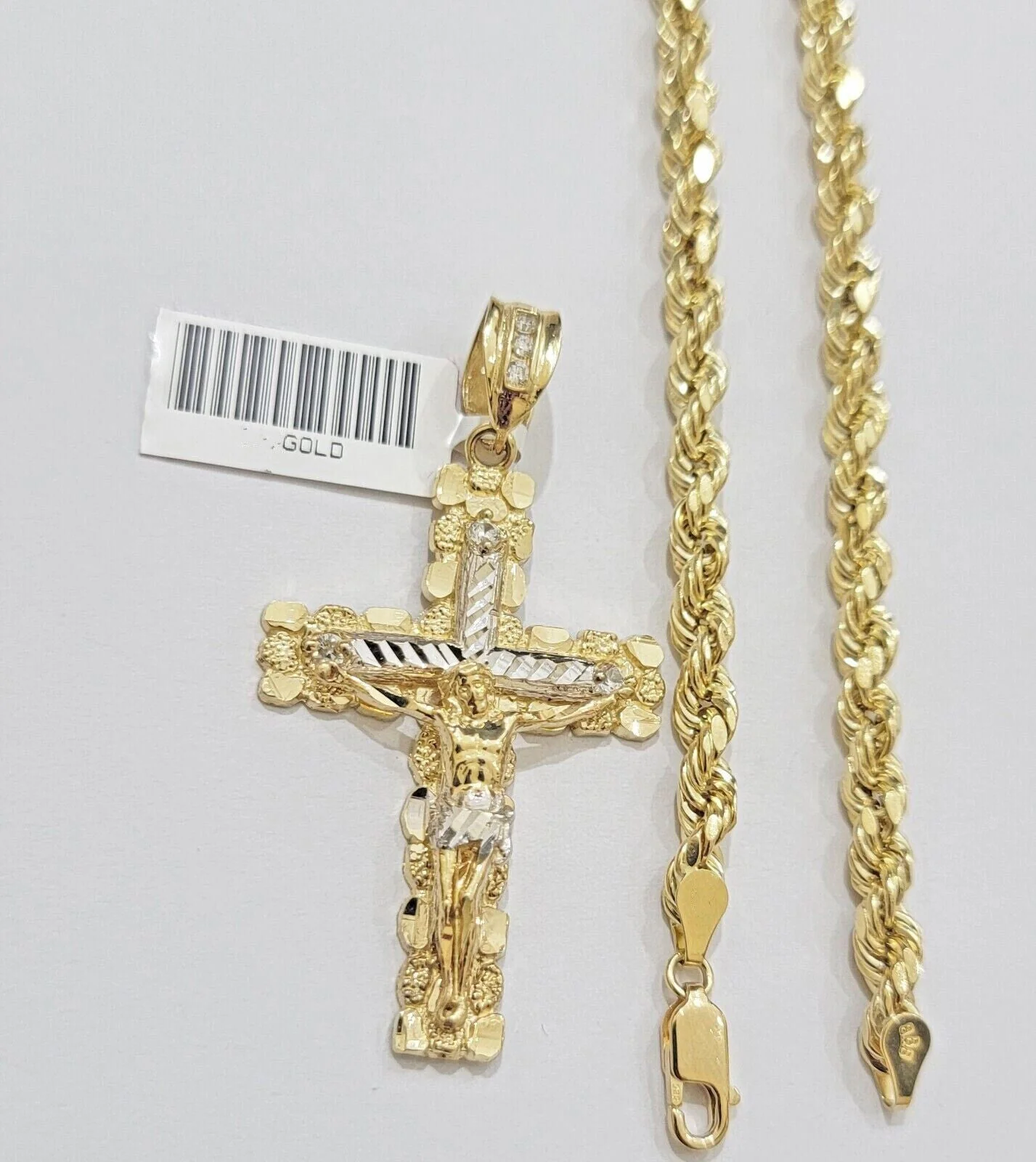 Real 10k Gold Rope Chain Jesus Cross Charm Pendant Set 22" inch 4mm Necklace - Image 3