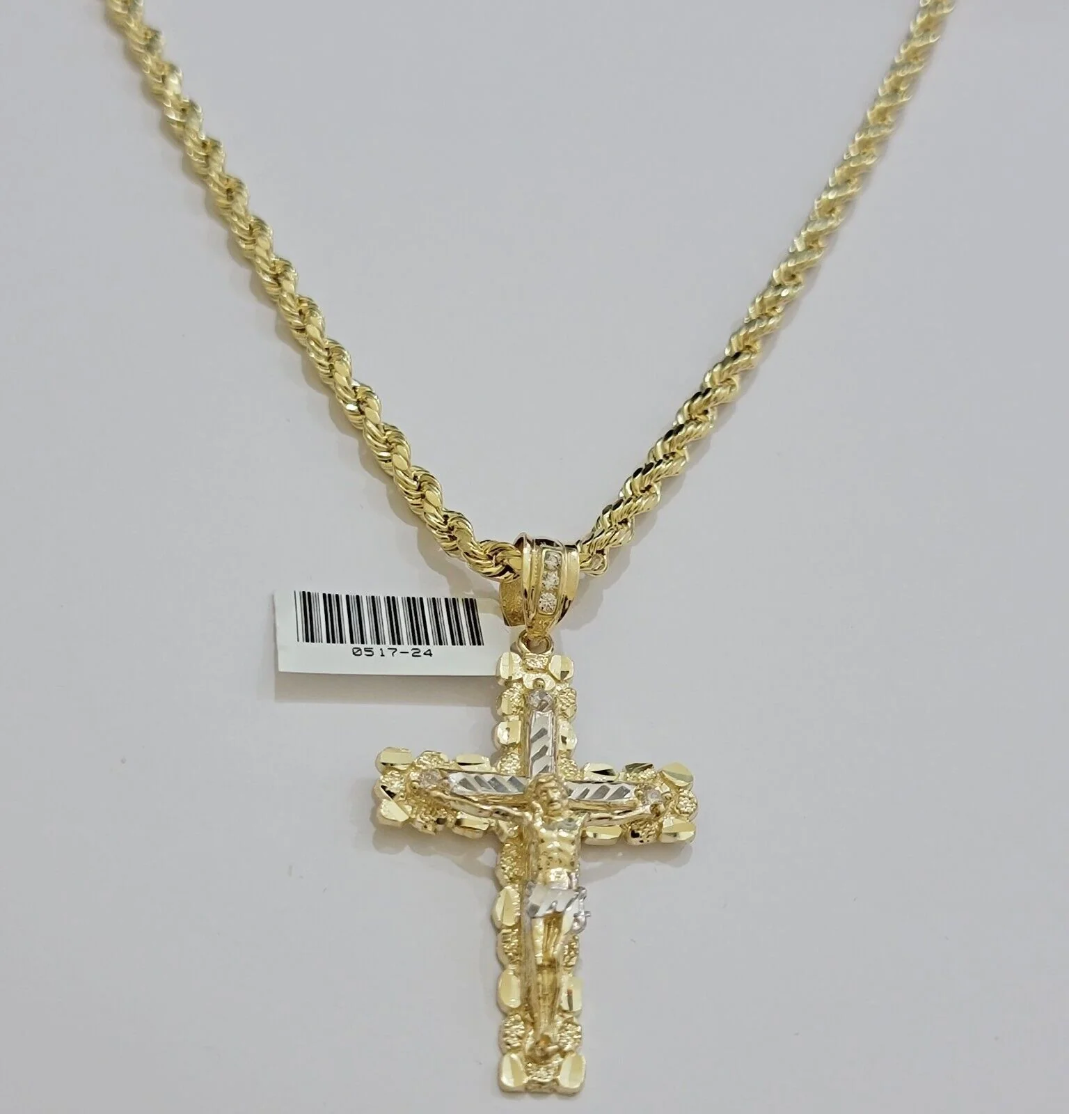 Real 10k Gold Rope Chain Jesus Cross Charm SET 4mm 20'' Necklace & Pendant Men's - Image 11