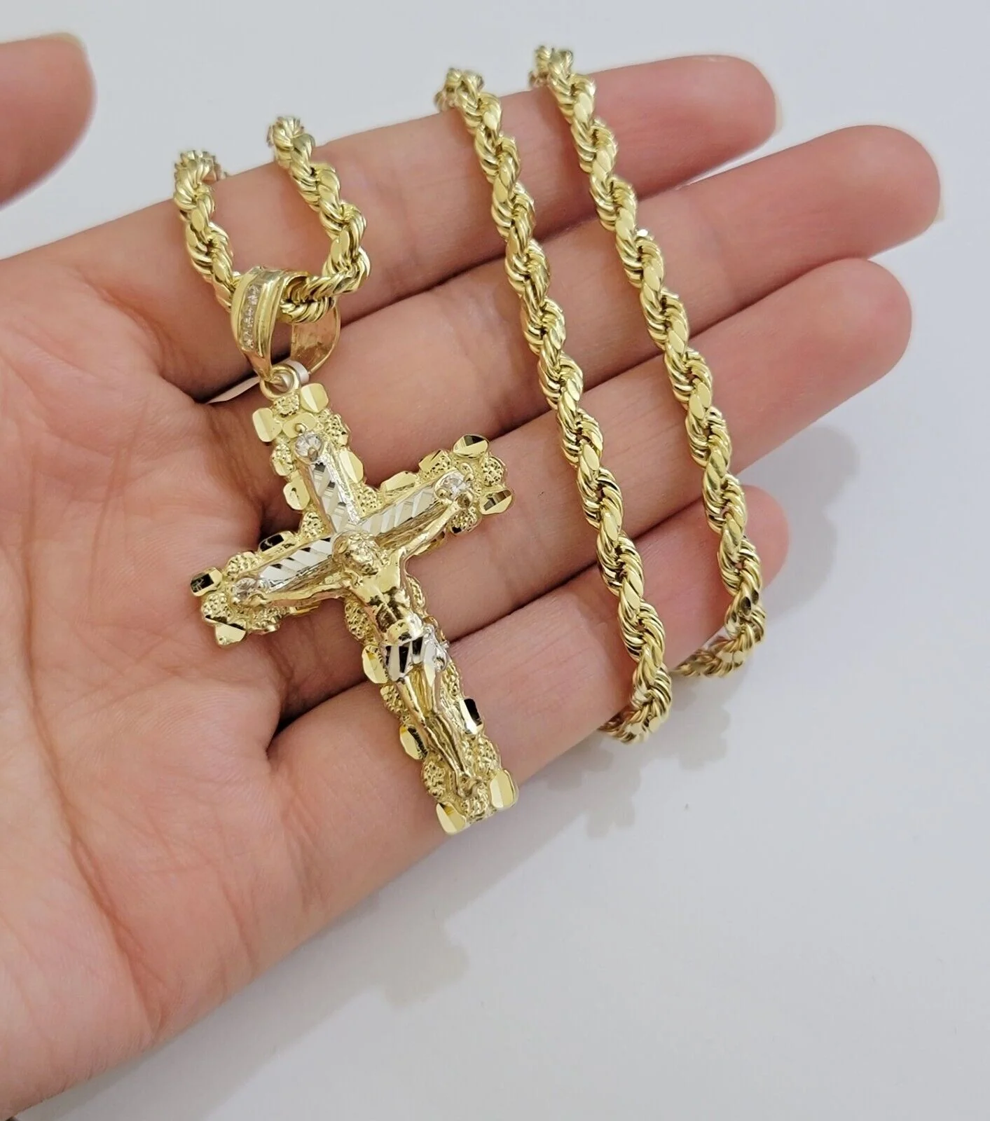 Real 10k Gold Rope Chain Jesus Cross Charm SET 4mm 20'' Necklace & Pendant Men's - Image 8