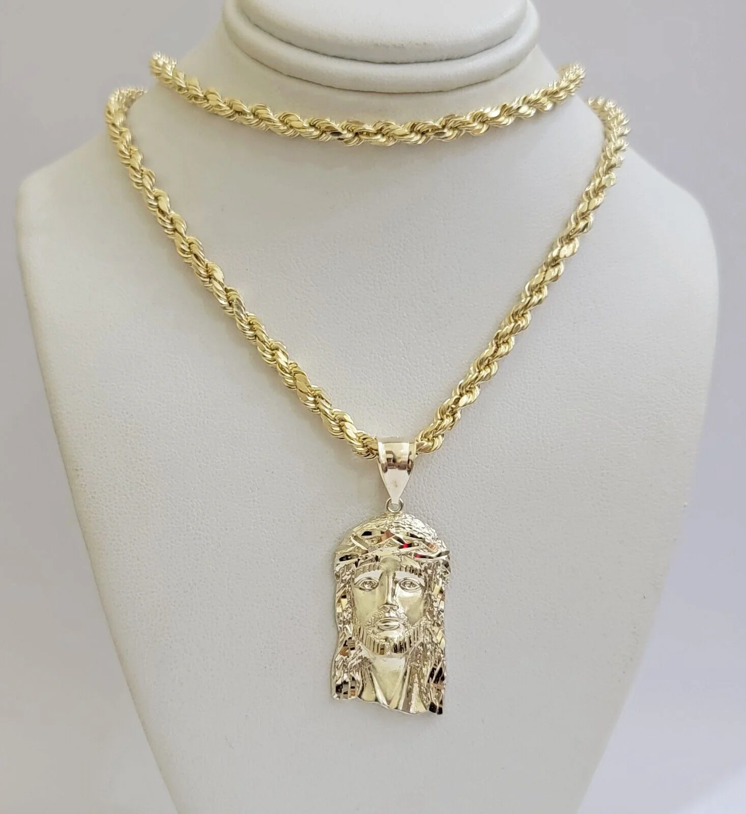 Real 10k Gold Rope Chain & Jesus Face Charm Pendant SET 5mm 18-28 inch Necklace - Image 2
