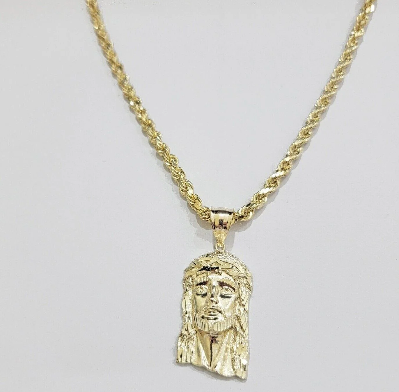 Real 10k Gold Rope Chain & Jesus Face Charm Pendant SET 5mm 18-28 inch Necklace - Image 3