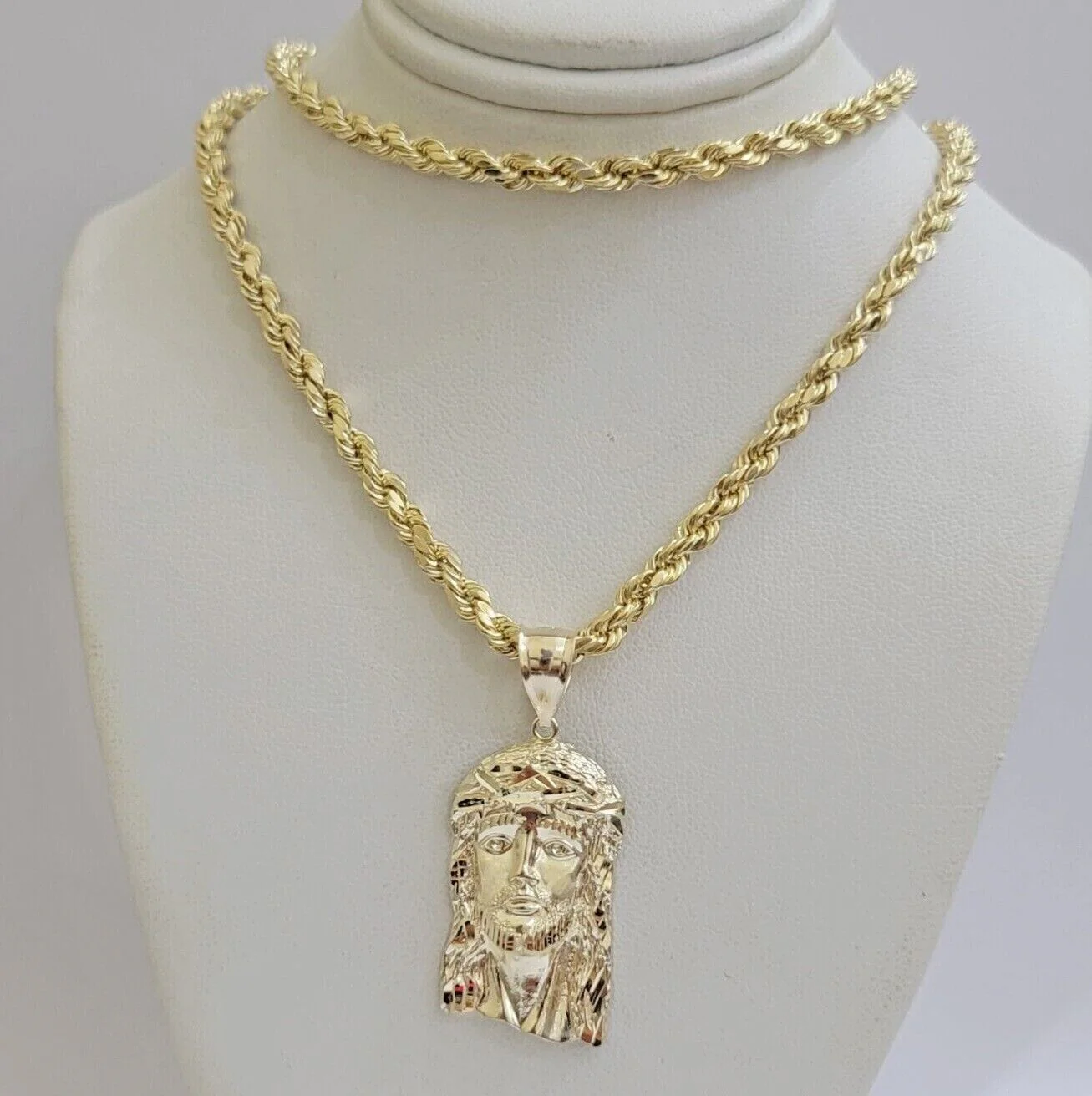 Real 10k Gold Rope Chain & Jesus Face Charm Pendant SET 5mm 18-28 inch Necklace - Image 4