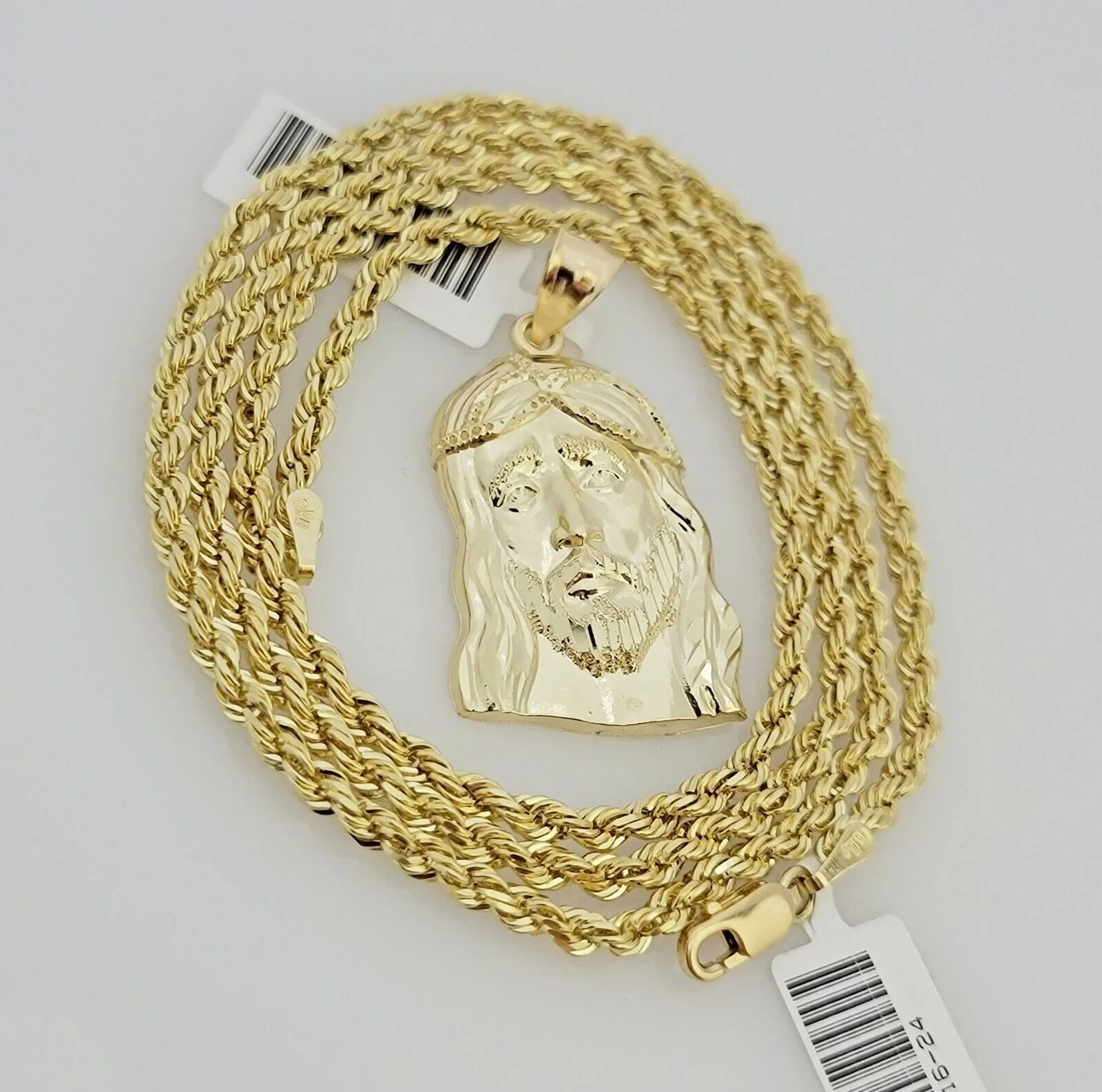 Real 10k Gold Rope Chain Jesus Head Charm Pendant Set 3mm Necklace 18"-26" SOLID - Image 2