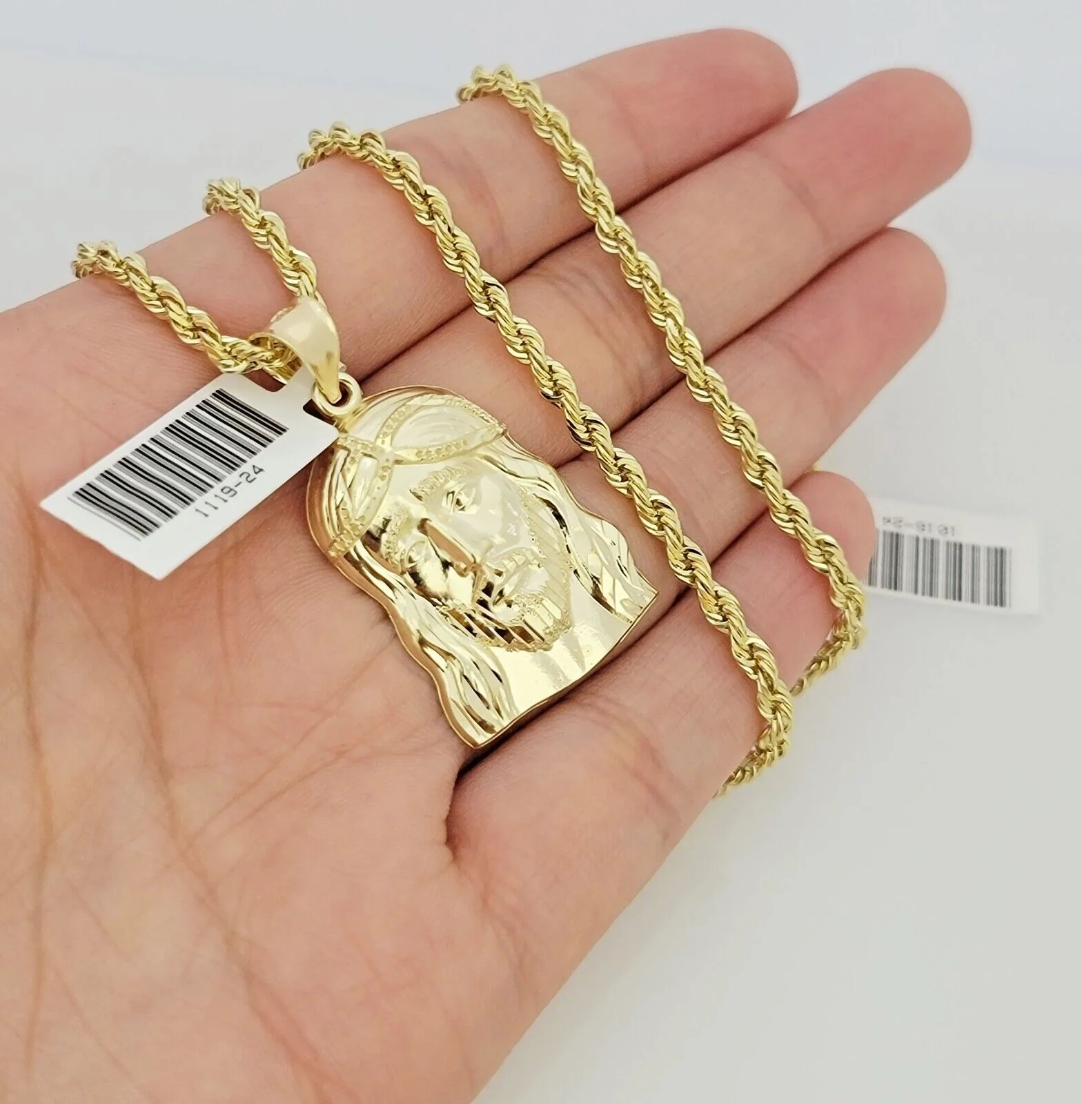 Real 10k Gold Rope Chain Jesus Head Charm Pendant Set 3mm Necklace 24 Inch SOLID - Image 3