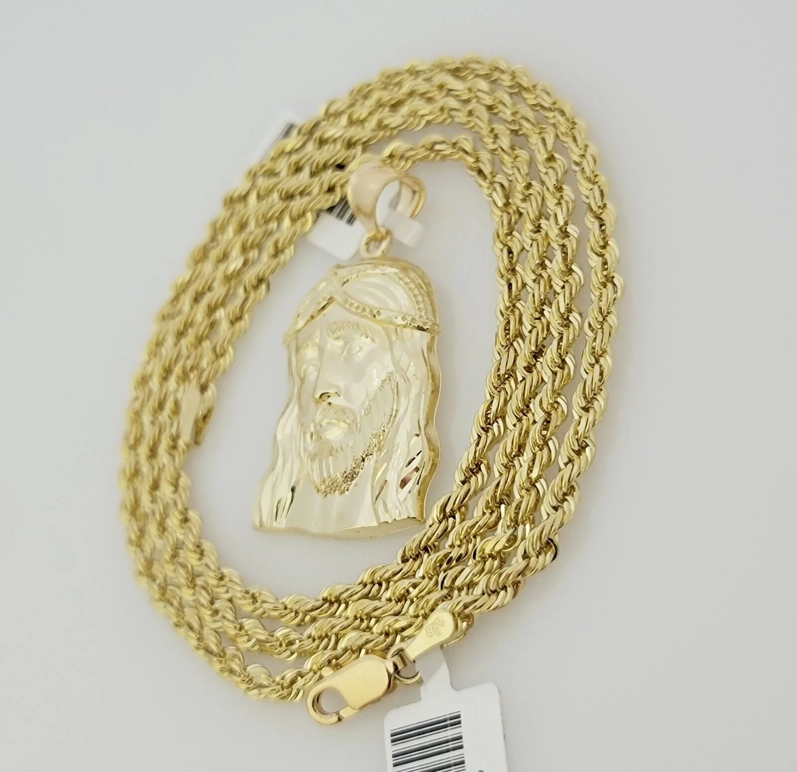 Real 10k Gold Rope Chain Jesus Head Charm Pendant Set 3mm Necklace 24 Inch SOLID - Image 6
