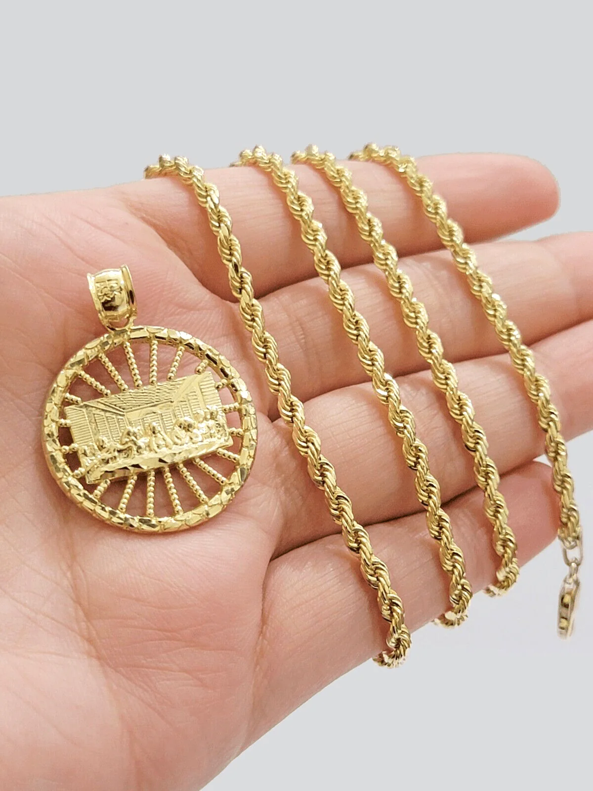 Real 10k Gold Rope Chain Last Supper Pendant Set, 26 Inch 3mm necklace & Charm - Image 7