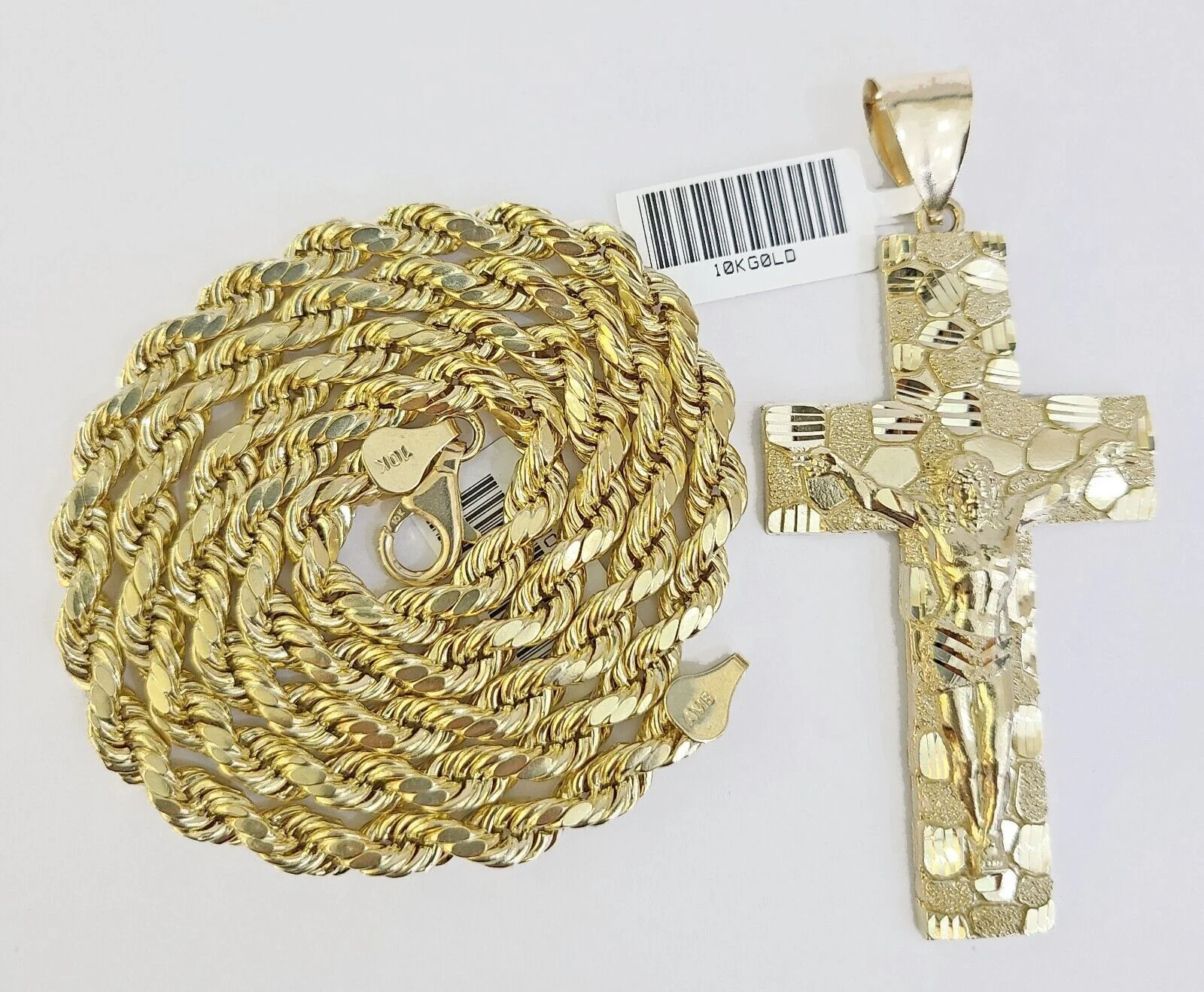 Real 10k Gold Rope Chain Necklace Jesus Cross Charm Pendant Set 20-28" inch 5mm - Image 2