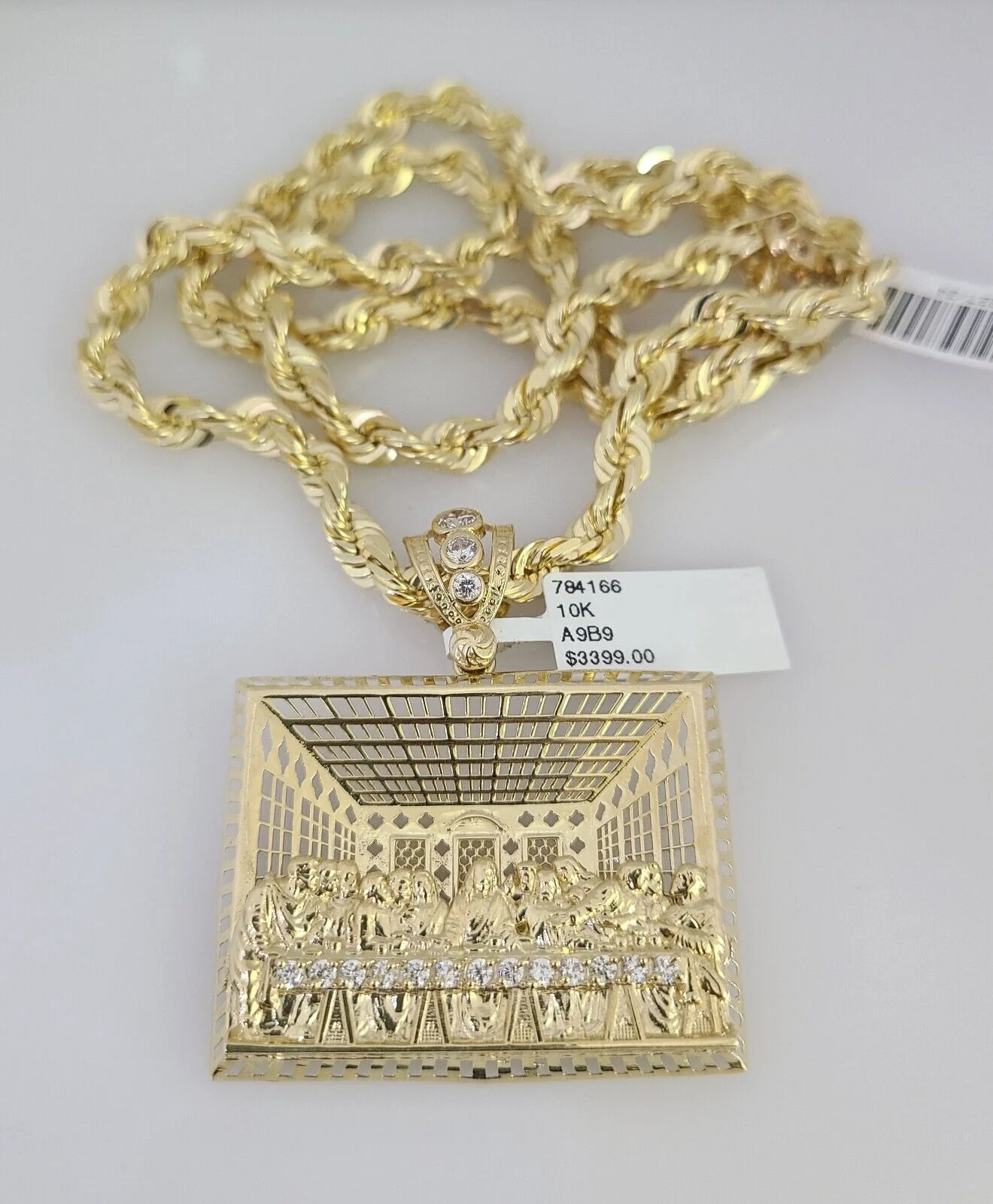 REAL 10k Gold Solid Rope Necklace 6mm Last Supper Pendant SET Chain 20"-30''