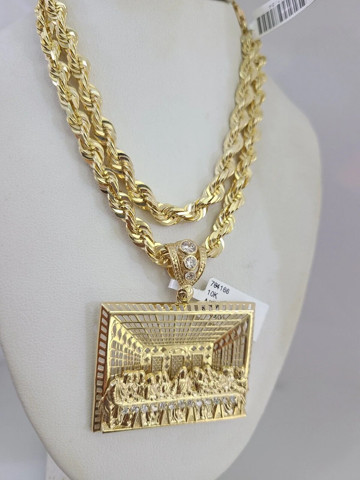 REAL 10k Gold Solid Rope Necklace 6mm Last Supper Pendant SET Chain 20"-30'' - Image 5
