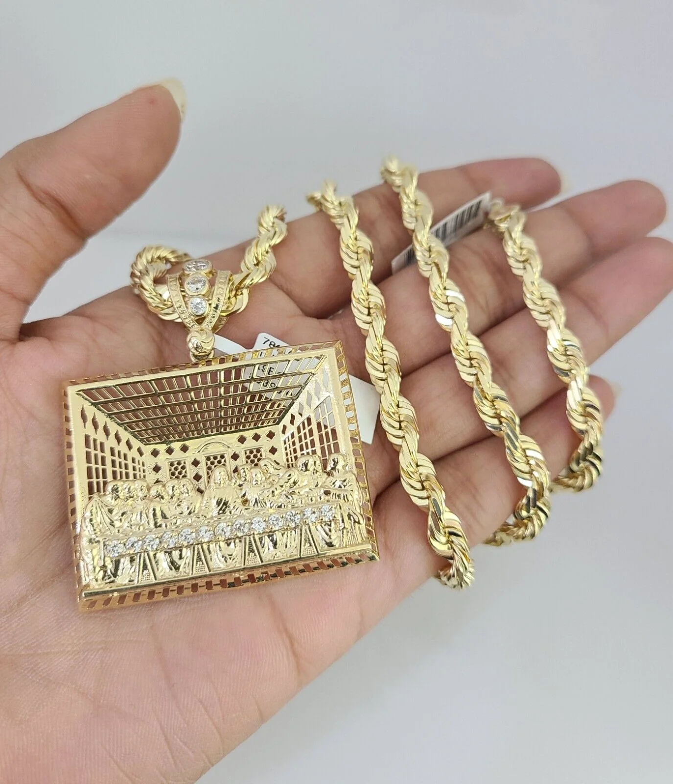 REAL 10k Gold Solid Rope Necklace 6mm Last Supper Pendant SET Chain 20"-30'' - Image 6