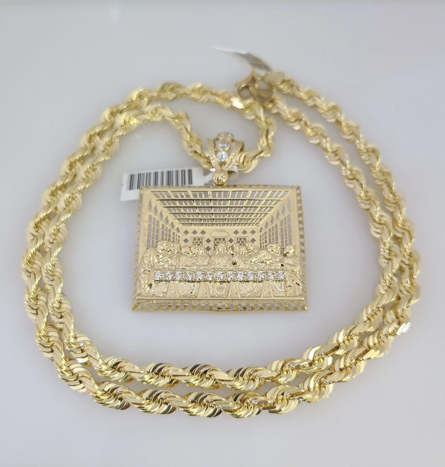 REAL 10k Gold Solid Rope Necklace 6mm Last Supper Pendant SET Chain 20"-30'' - Image 7