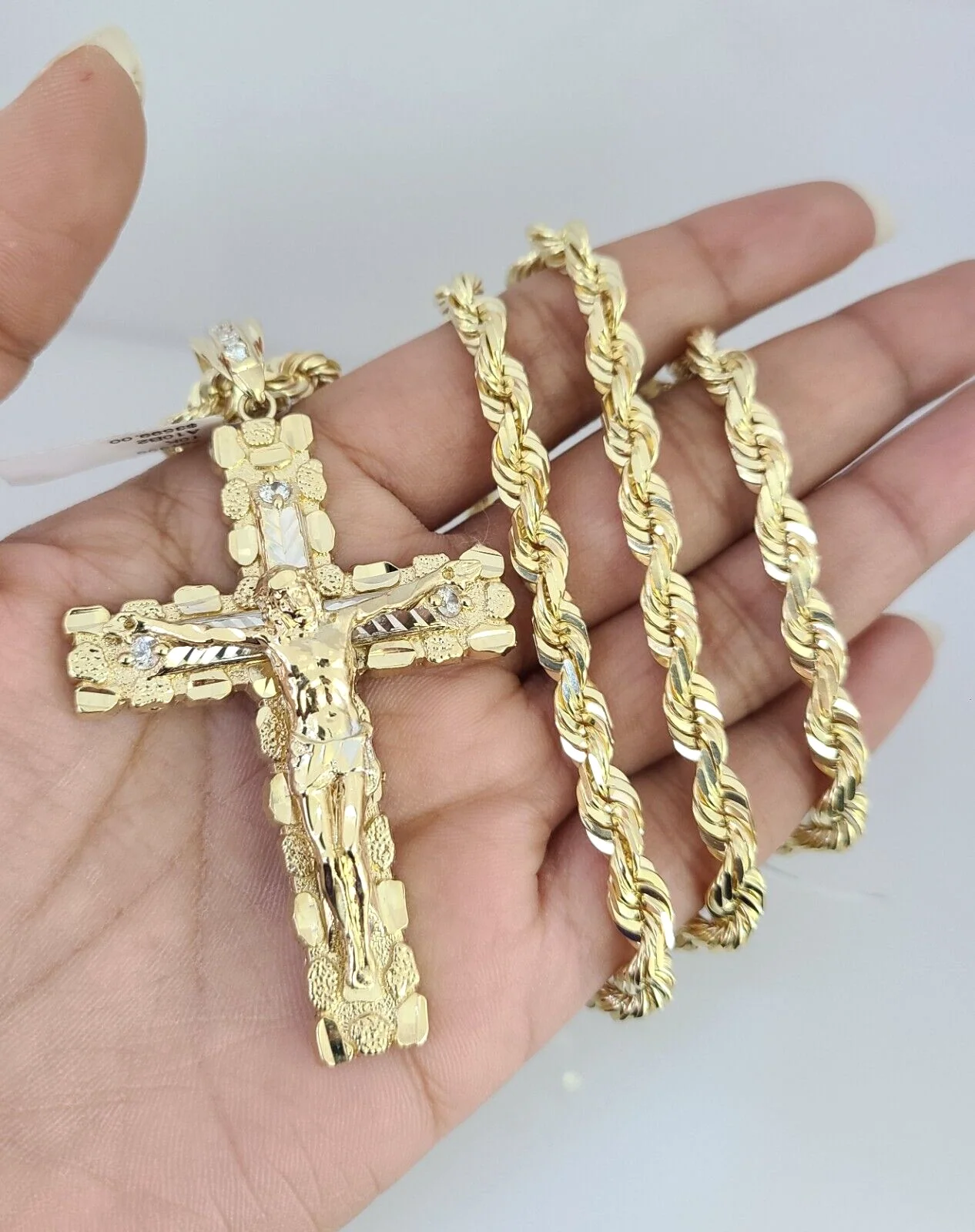 REAL 10k Gold Solid Rope Necklace 6mm Nugget Cross Pendant SET Chain 20"-30'' - Image 10