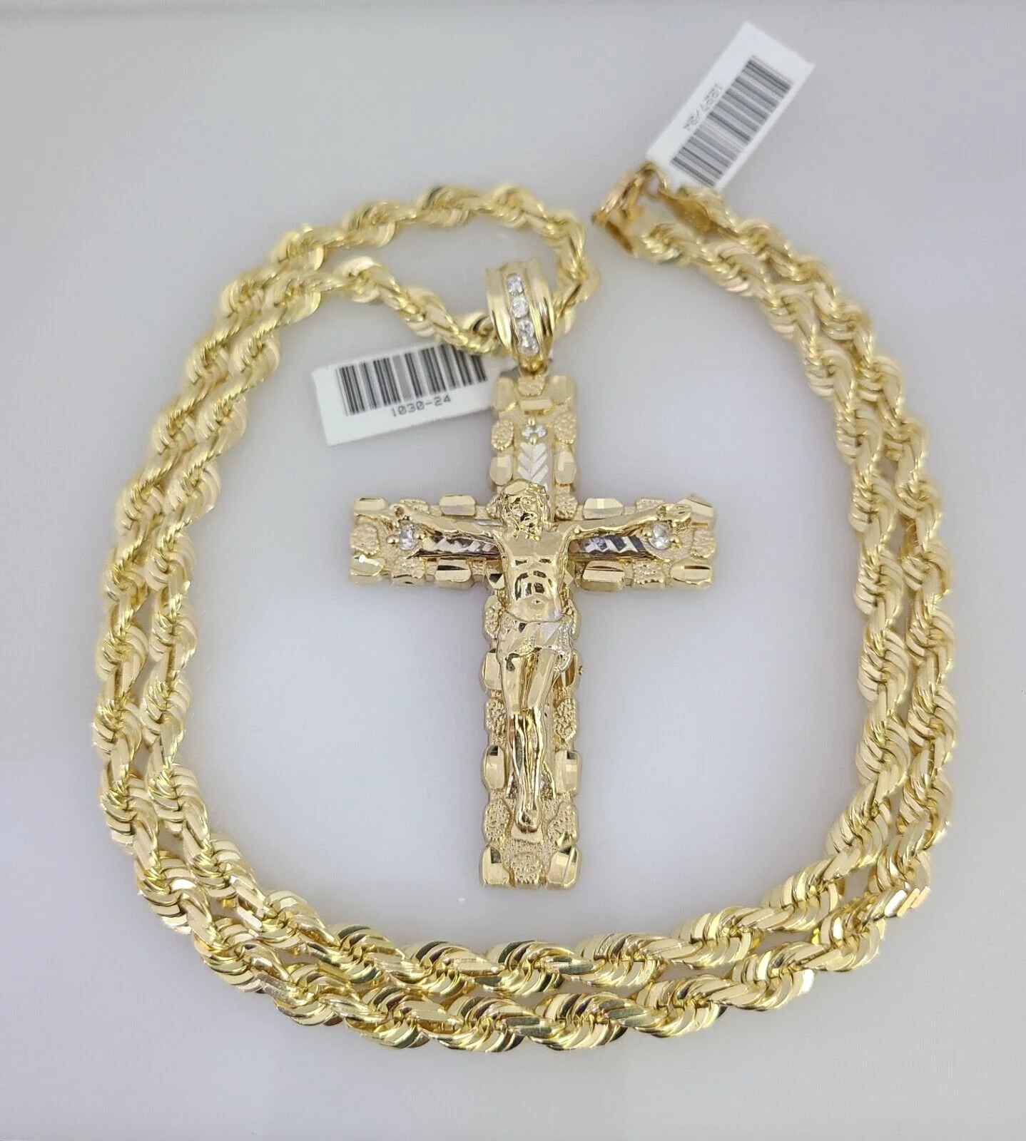 REAL 10k Gold Solid Rope Necklace 6mm Nugget Cross Pendant SET Chain 20"-30'' - Image 5