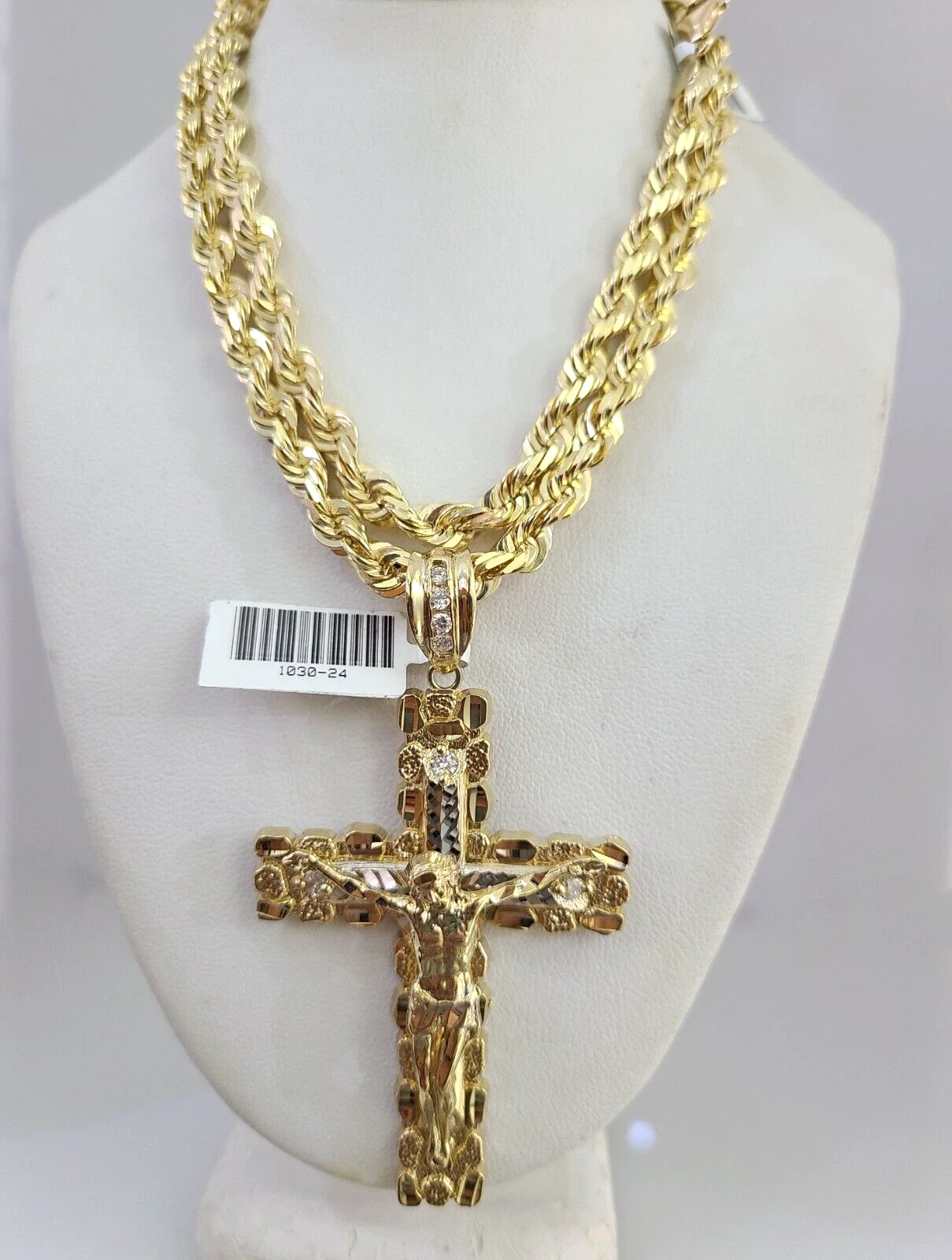 REAL 10k Gold Solid Rope Necklace 6mm Nugget Cross Pendant SET Chain 20"-30'' - Image 7