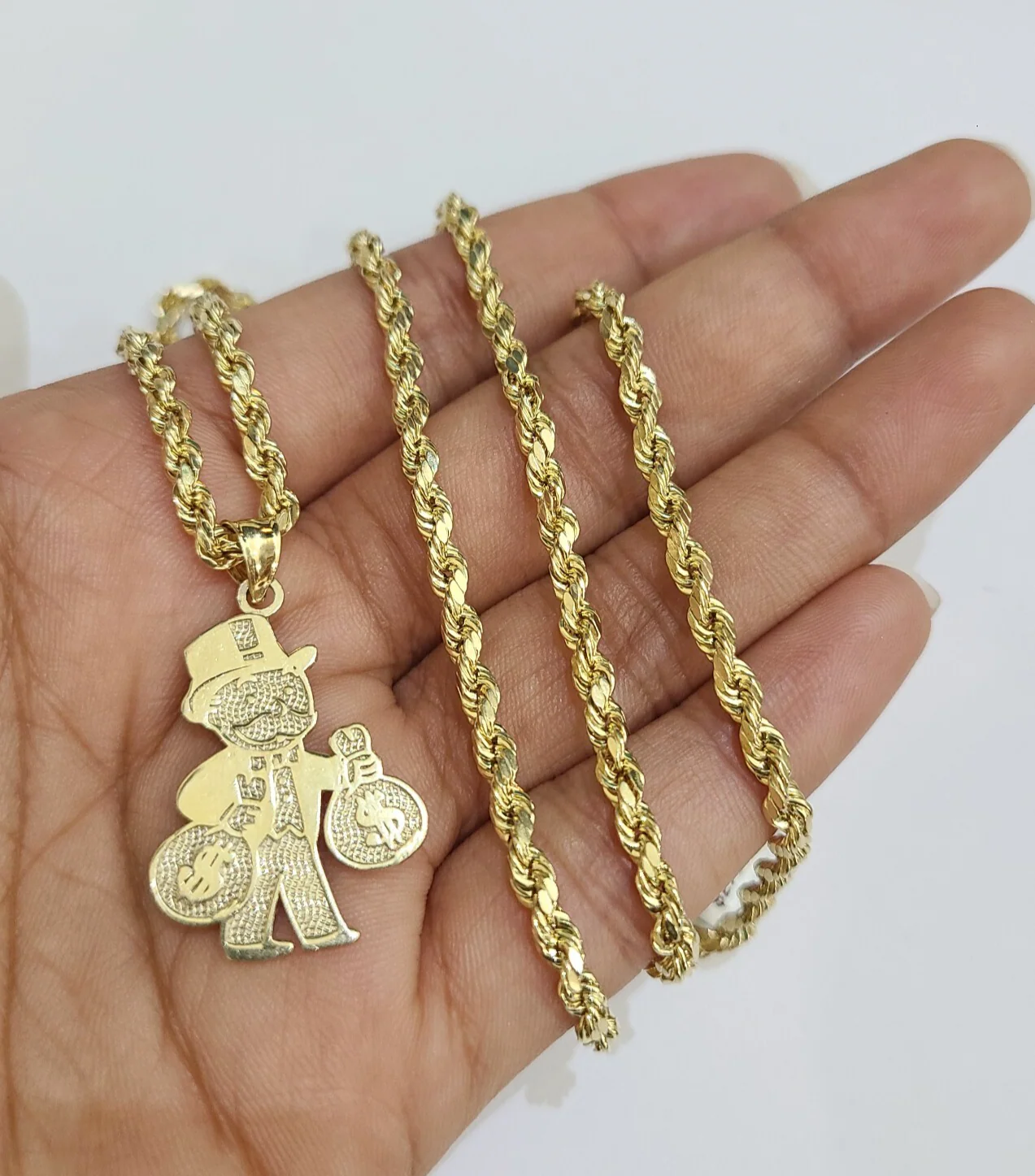 REAL 10k Grandpa Money Bag Charm Rope Chain Pendant 3mm Necklace Set 18"-28" in - Image 5