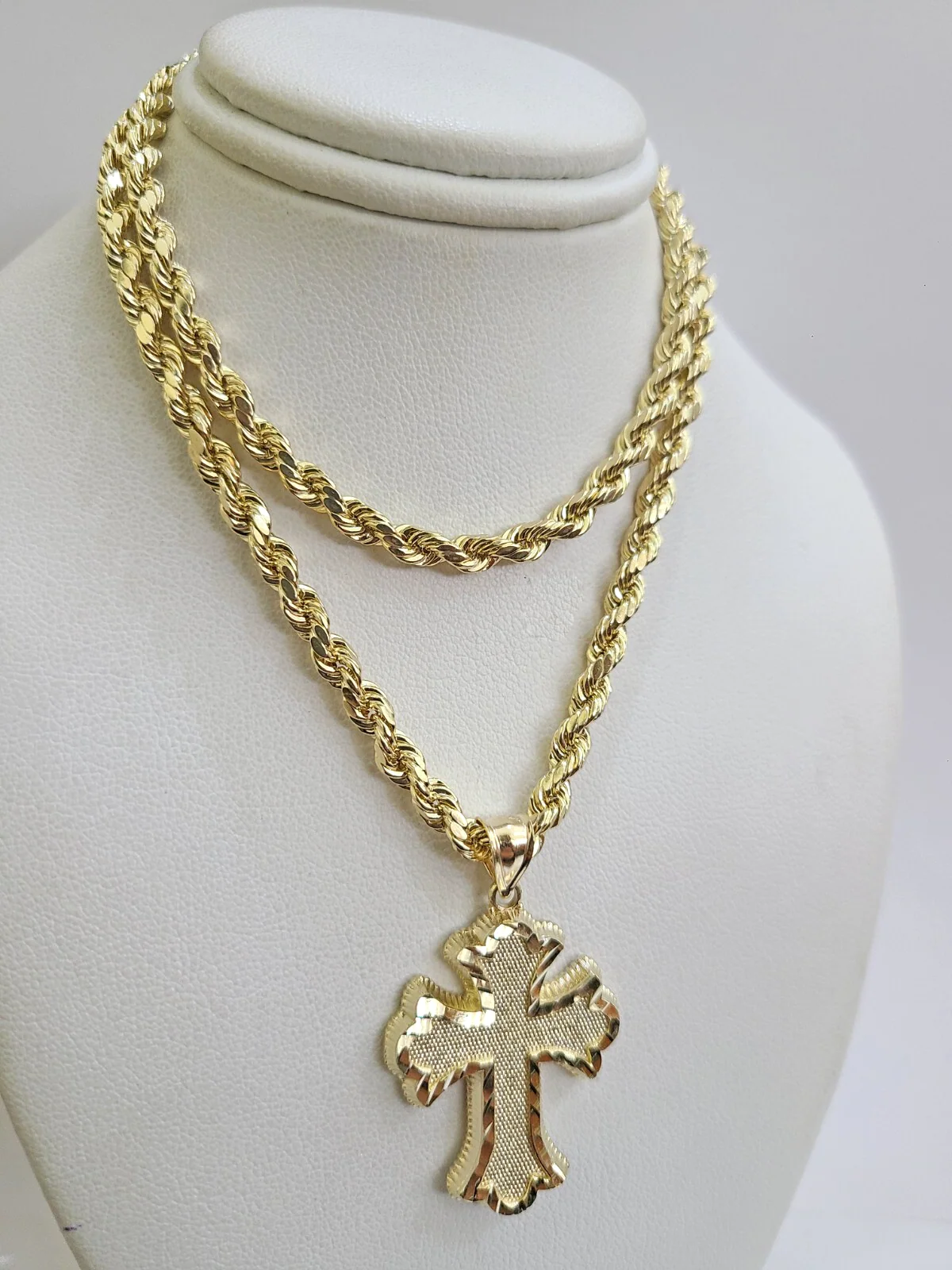 REAL 10k Jesus Cross Charm Rope Chain Pendant 4mm Necklace Set 18"-28" in - Image 6