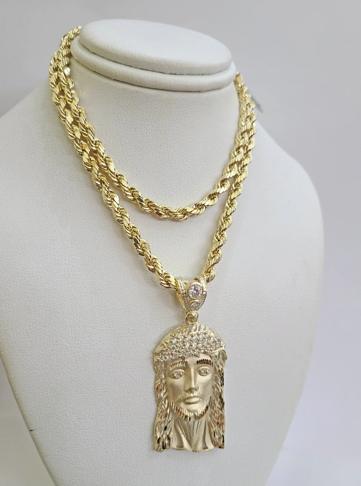 REAL 10k Jesus Head Charm Rope Chain Pendant 4mm Necklace Set 18"-28" in - Image 4