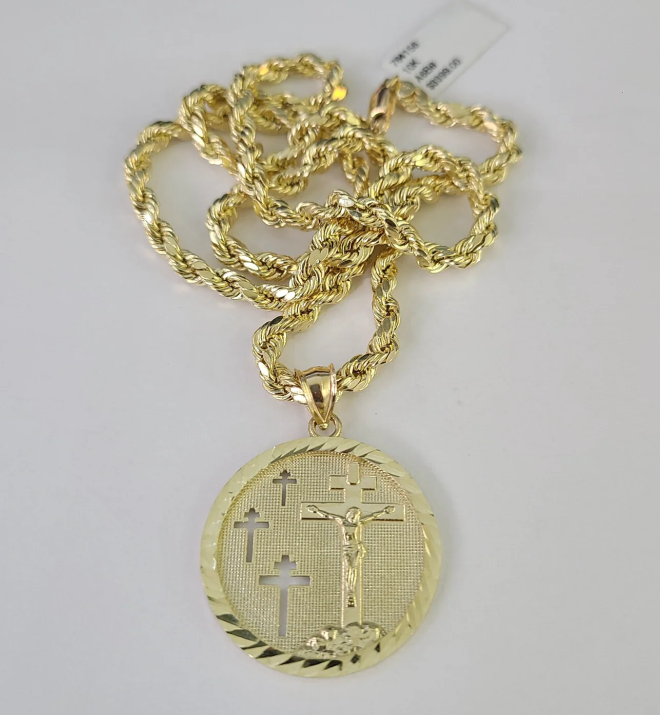 REAL 10k Jesus Medallion Cross Charm Rope Chain Pendant 4mm Necklace Set 18"-28"