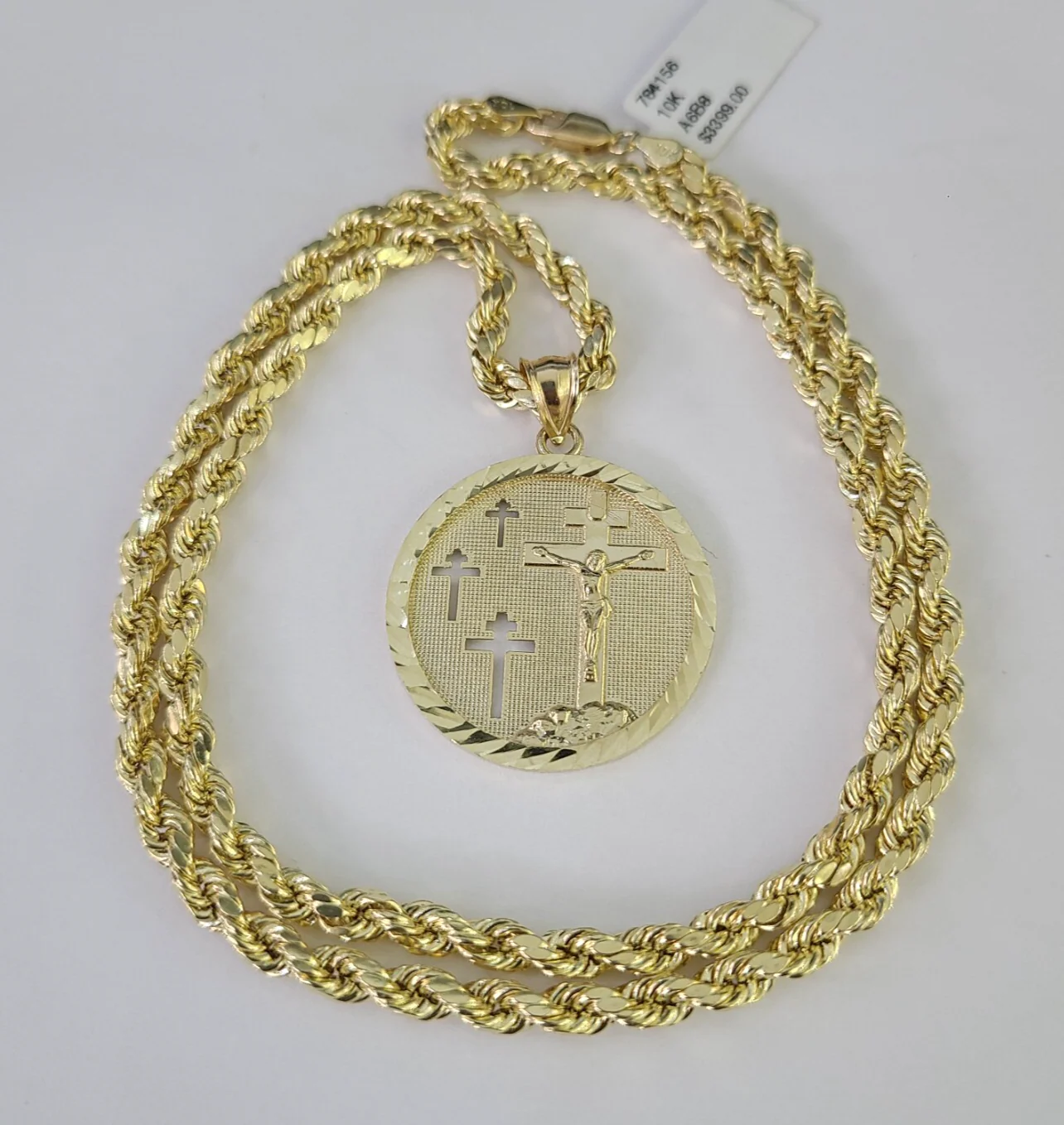 REAL 10k Jesus Medallion Cross Charm Rope Chain Pendant 4mm Necklace Set 18"-28" - Image 2