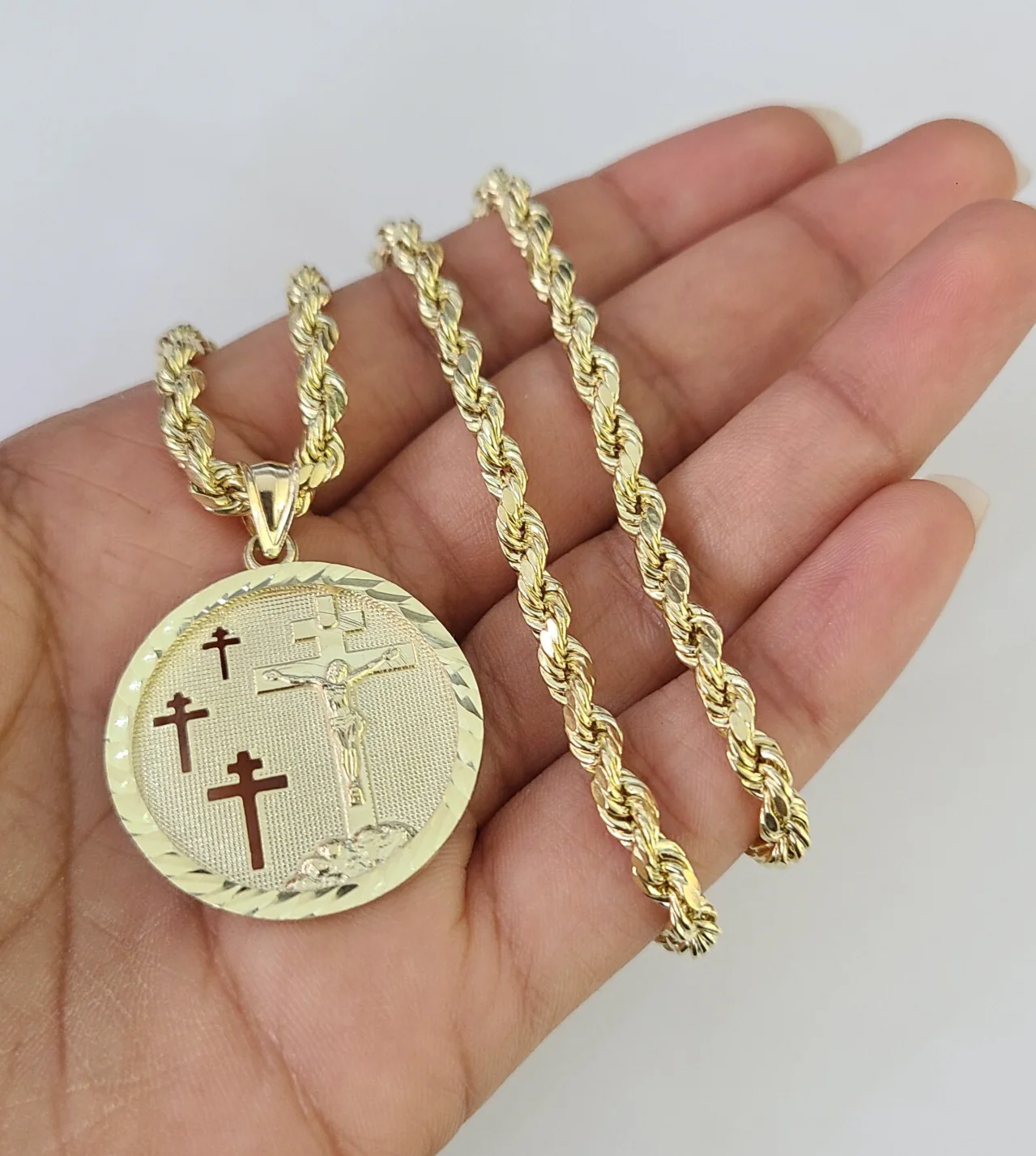 REAL 10k Jesus Medallion Cross Charm Rope Chain Pendant 4mm Necklace Set 18"-28" - Image 6