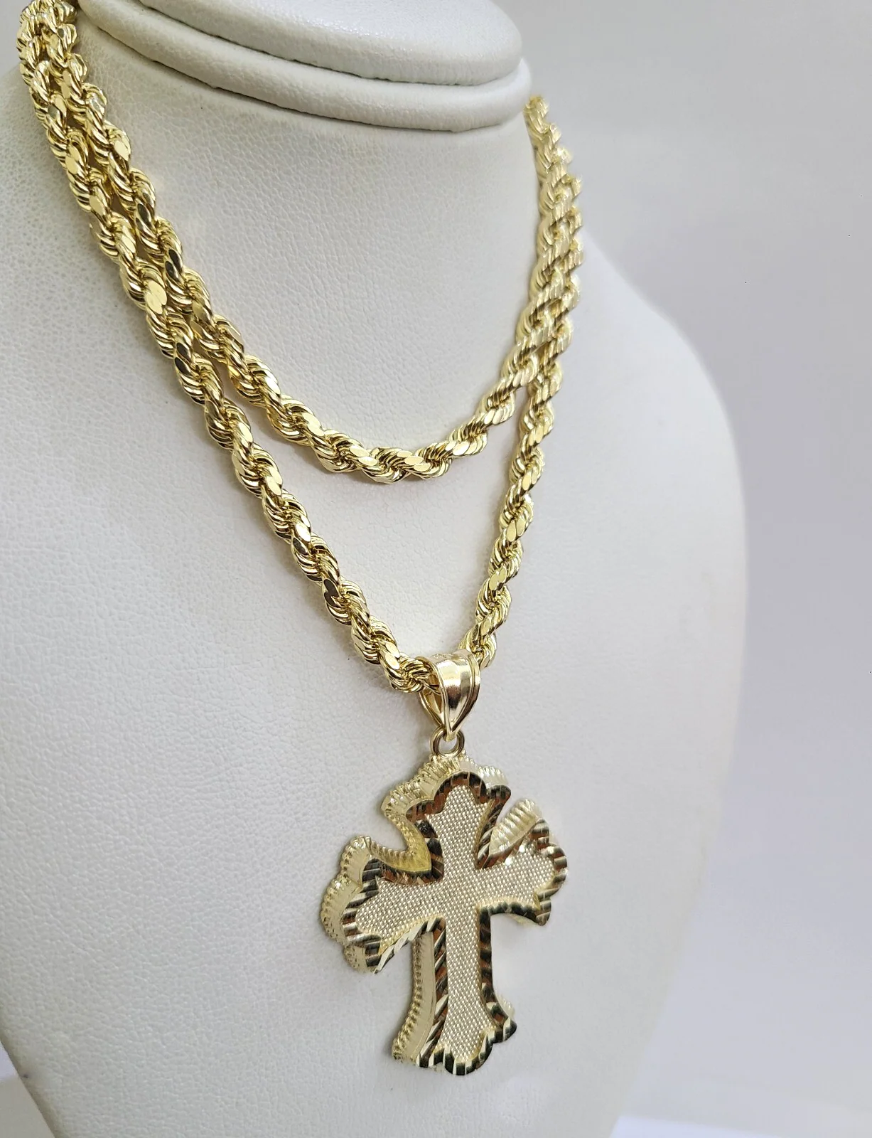 REAL 10k Jesus Roman Cross Charm Rope Chain Pendant 4mm Necklace Set 18"-28" in - Image 2