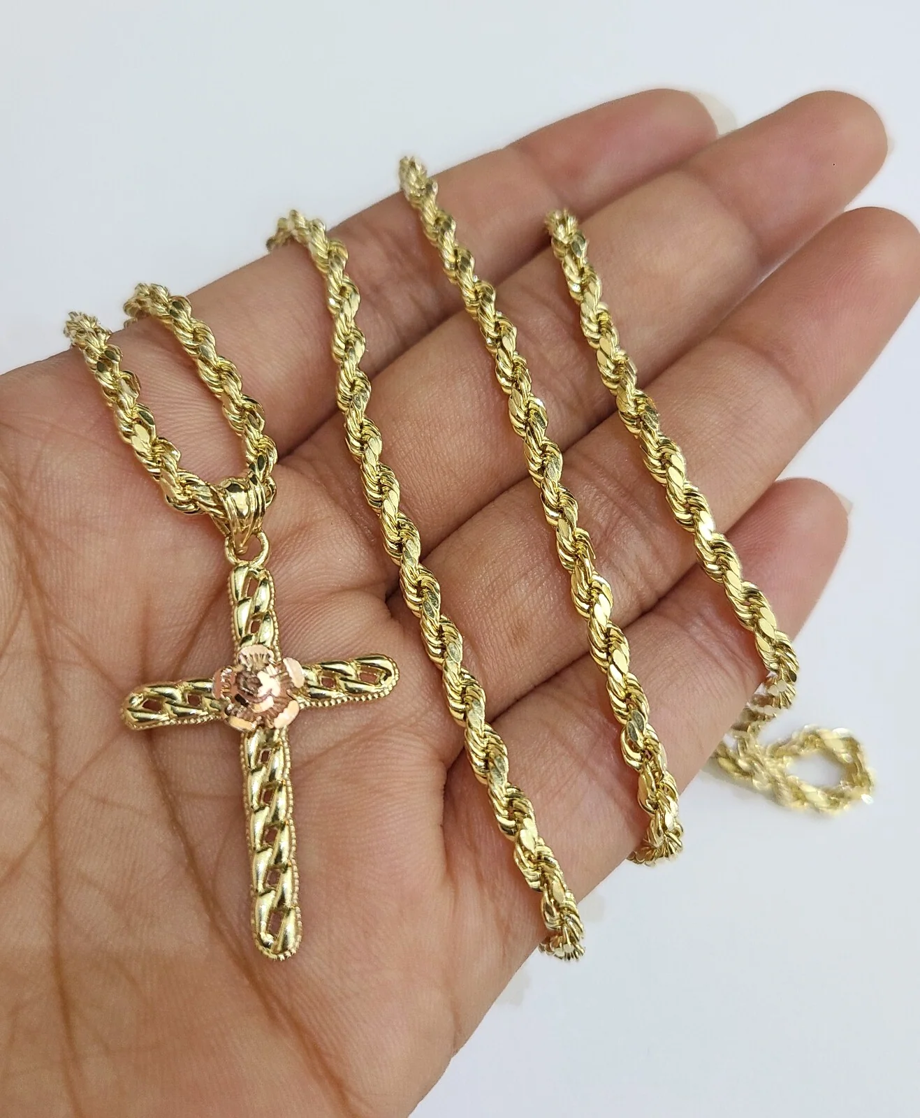 REAL 10k Jesus Rose Cross Charm Rope Chain Pendant 3mm Necklace Set 18"-28" in - Image 2
