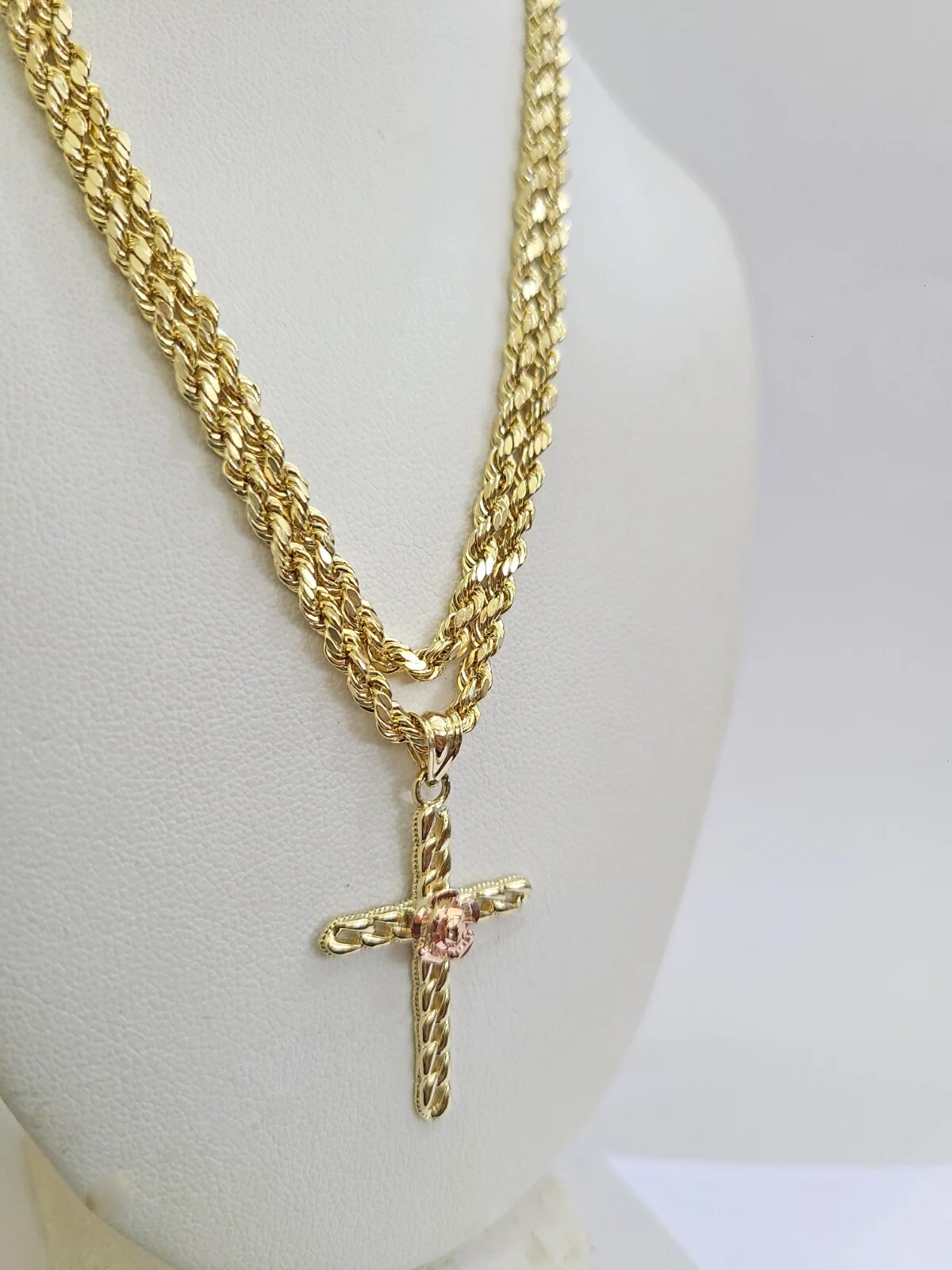 REAL 10k Jesus Rose Cross Charm Rope Chain Pendant 3mm Necklace Set 18"-28" in - Image 3
