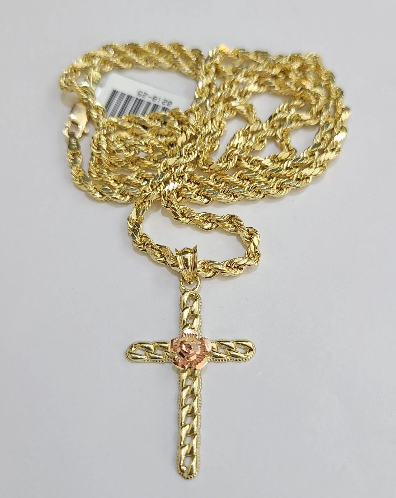 REAL 10k Jesus Rose Cross Charm Rope Chain Pendant 3mm Necklace Set 18"-28" in - Image 4
