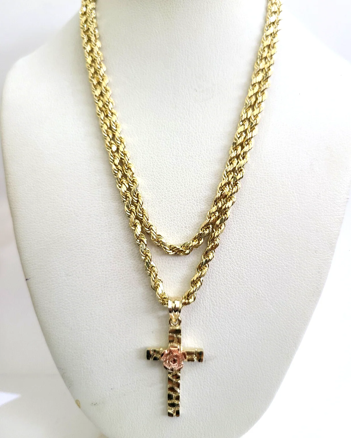 REAL 10k Jesus Rose Cross Charm Rope Chain Pendant 3mm Necklace Set 18"-28" in - Image 2