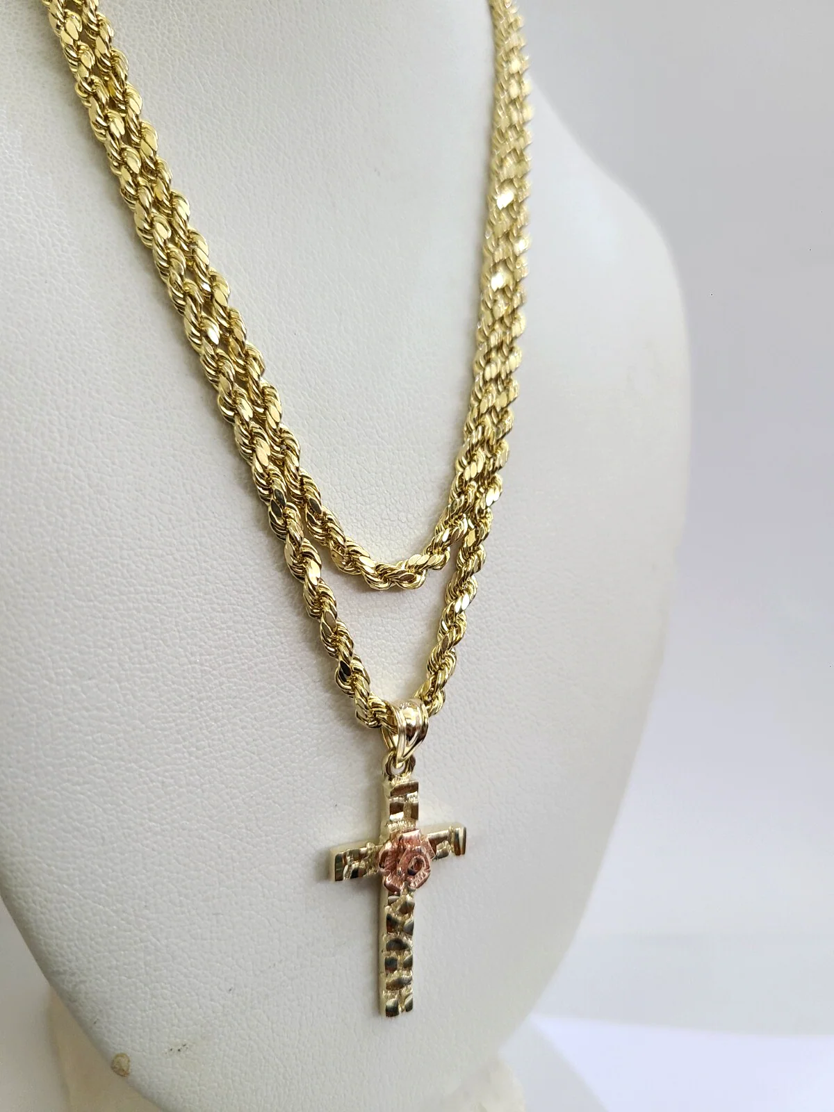 REAL 10k Jesus Rose Cross Charm Rope Chain Pendant 3mm Necklace Set 18"-28" in - Image 5