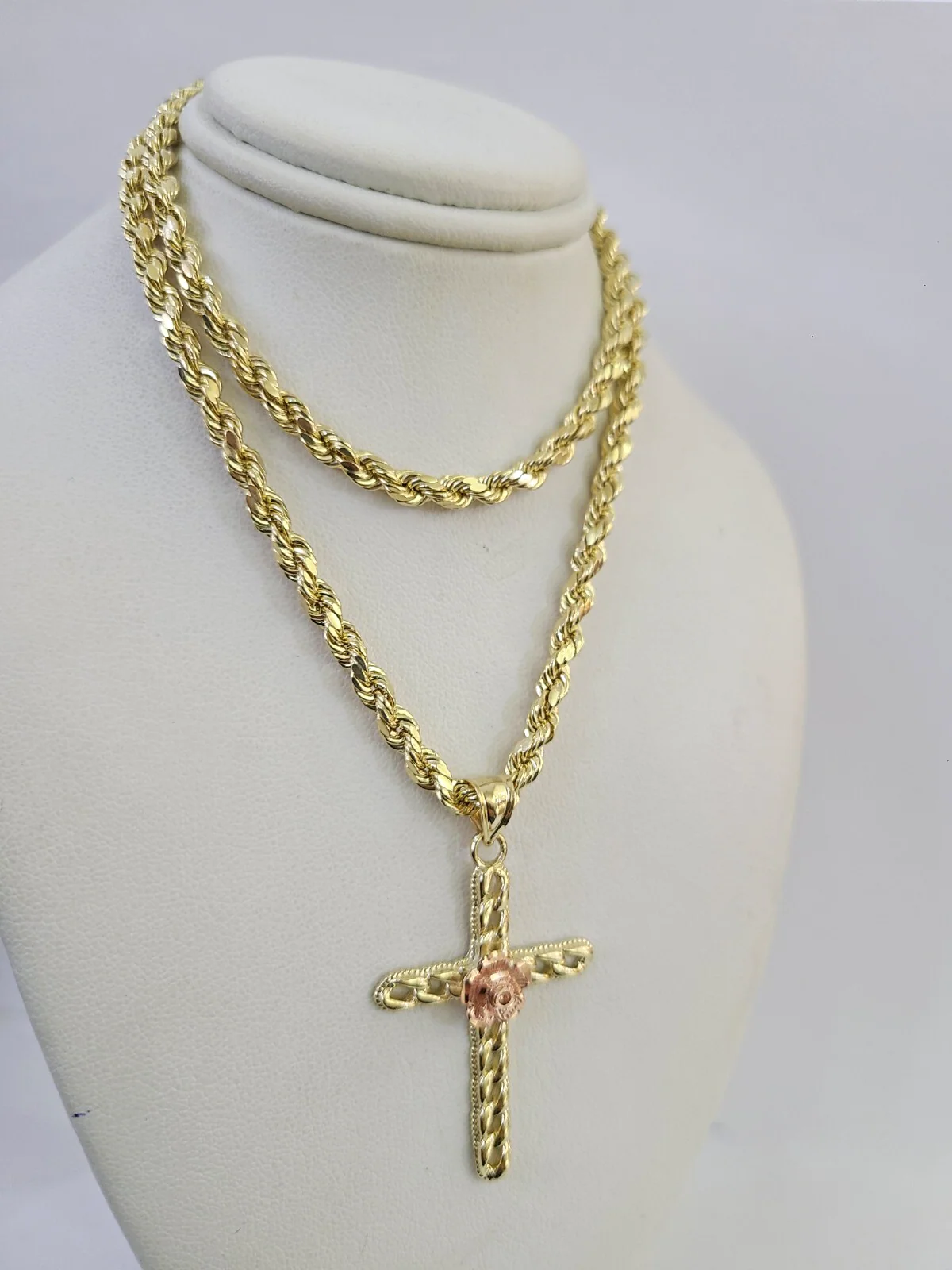 REAL 10k Jesus Rose Cross Charm Rope Chain Pendant 4mm Necklace Set 18"-28"