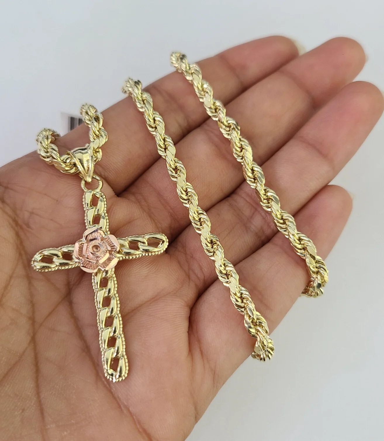 REAL 10k Jesus Rose Cross Charm Rope Chain Pendant 4mm Necklace Set 18"-28" - Image 3