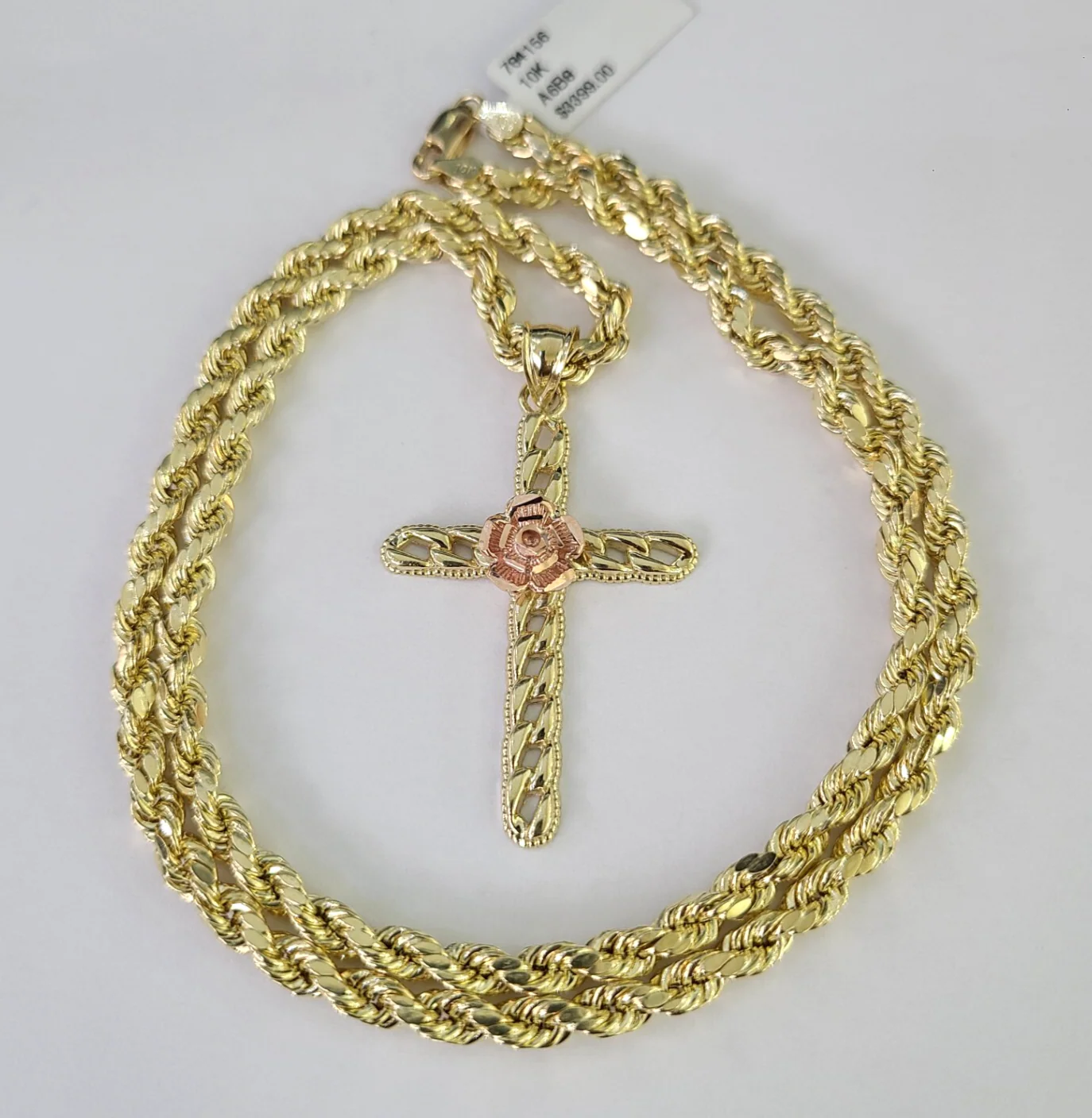 REAL 10k Jesus Rose Cross Charm Rope Chain Pendant 4mm Necklace Set 18"-28" - Image 4