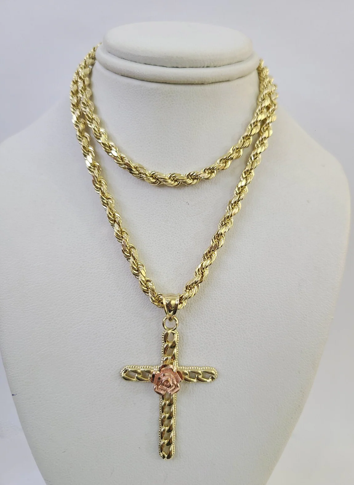 REAL 10k Jesus Rose Cross Charm Rope Chain Pendant 4mm Necklace Set 18"-28" - Image 6