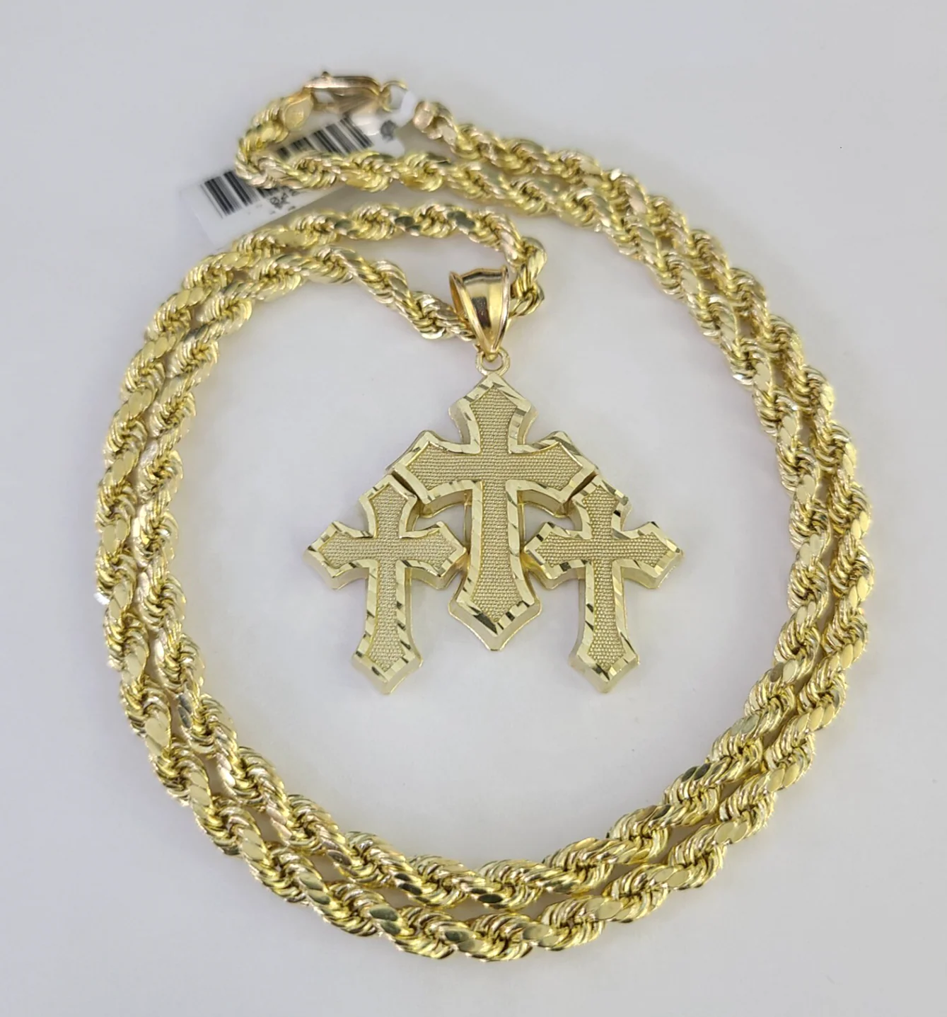 REAL 10k Jesus Triple Cross Charm Rope Chain Pendant 4mm Necklace Set 18"-28"