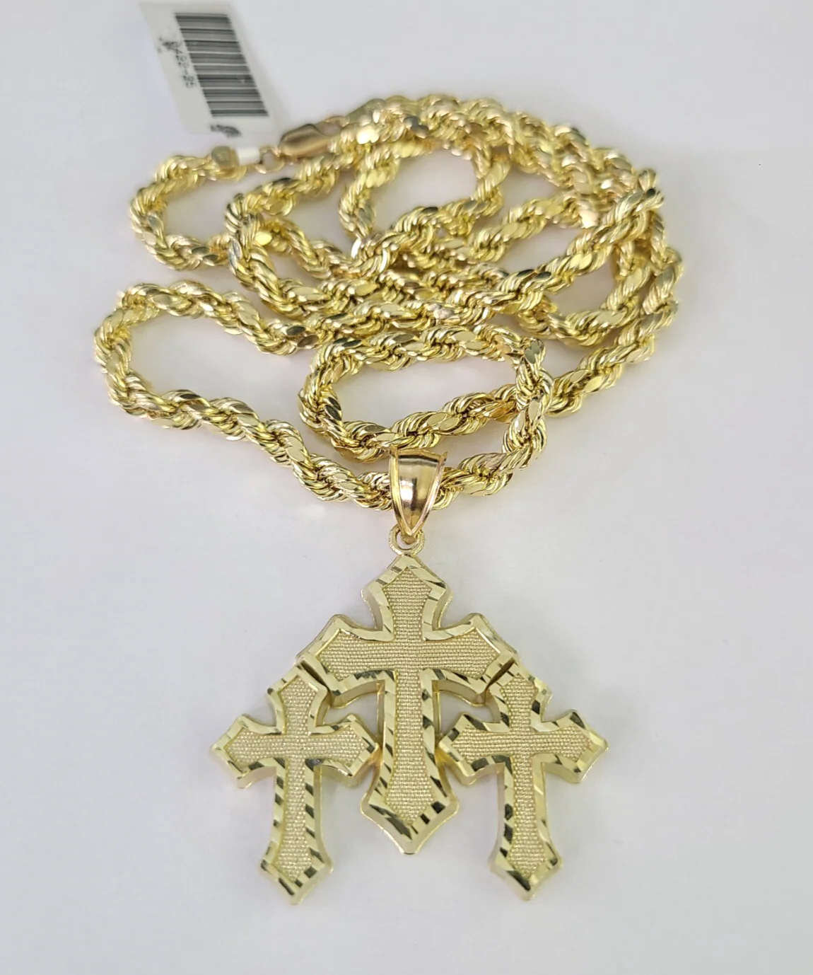 REAL 10k Jesus Triple Cross Charm Rope Chain Pendant 4mm Necklace Set 18"-28" - Image 2