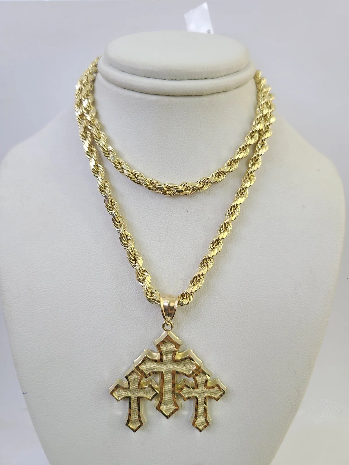 REAL 10k Jesus Triple Cross Charm Rope Chain Pendant 4mm Necklace Set 18"-28" - Image 3