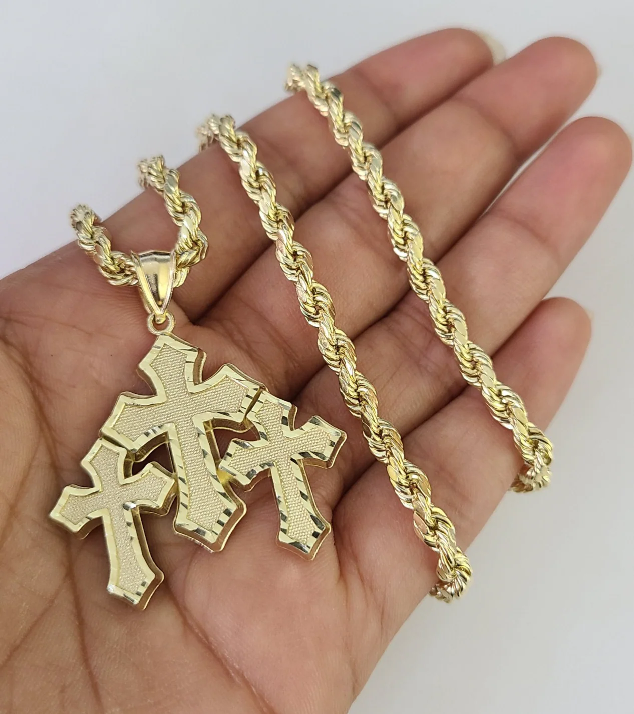 REAL 10k Jesus Triple Cross Charm Rope Chain Pendant 4mm Necklace Set 18"-28" - Image 4