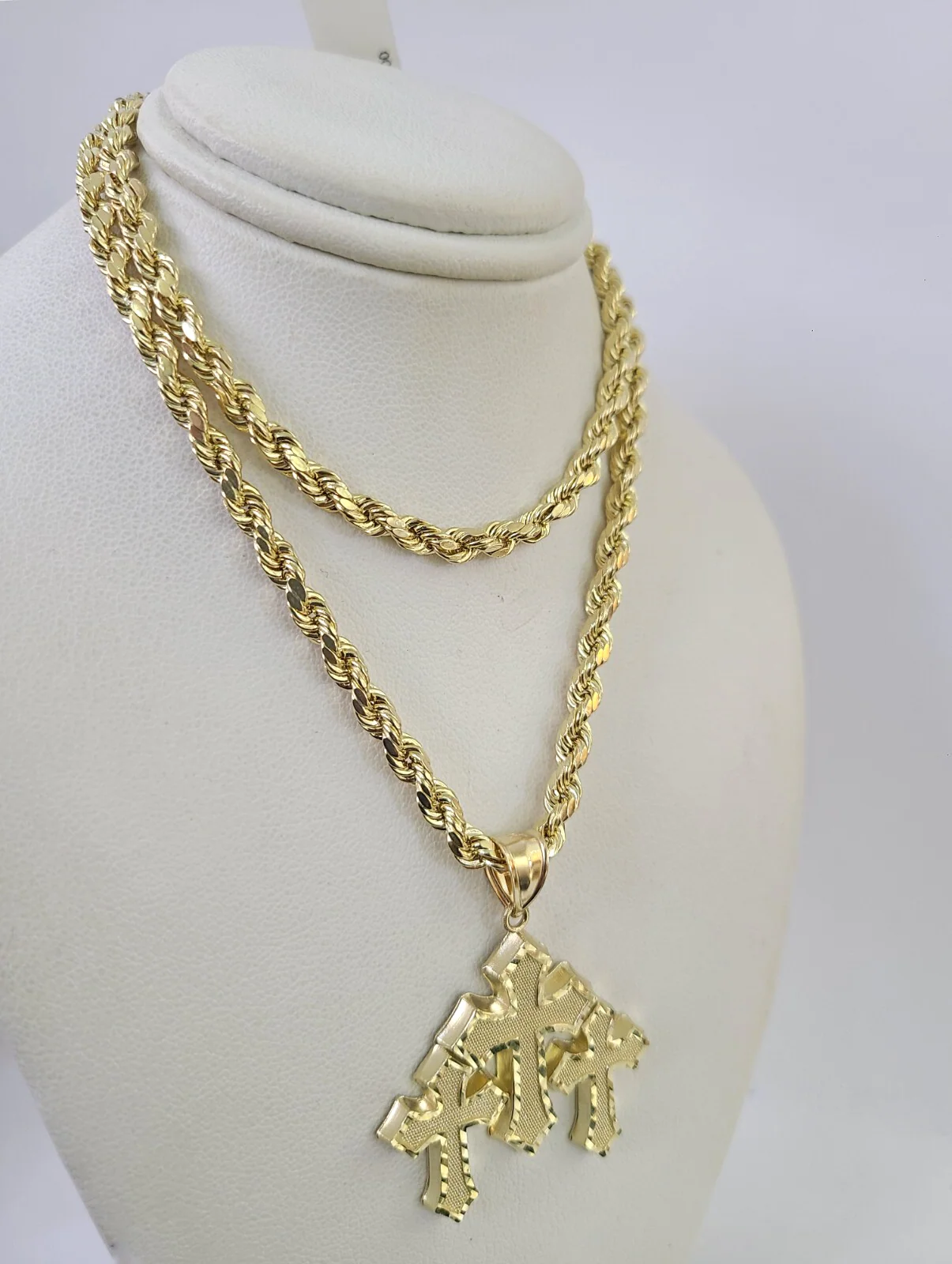 REAL 10k Jesus Triple Cross Charm Rope Chain Pendant 4mm Necklace Set 18"-28" - Image 6